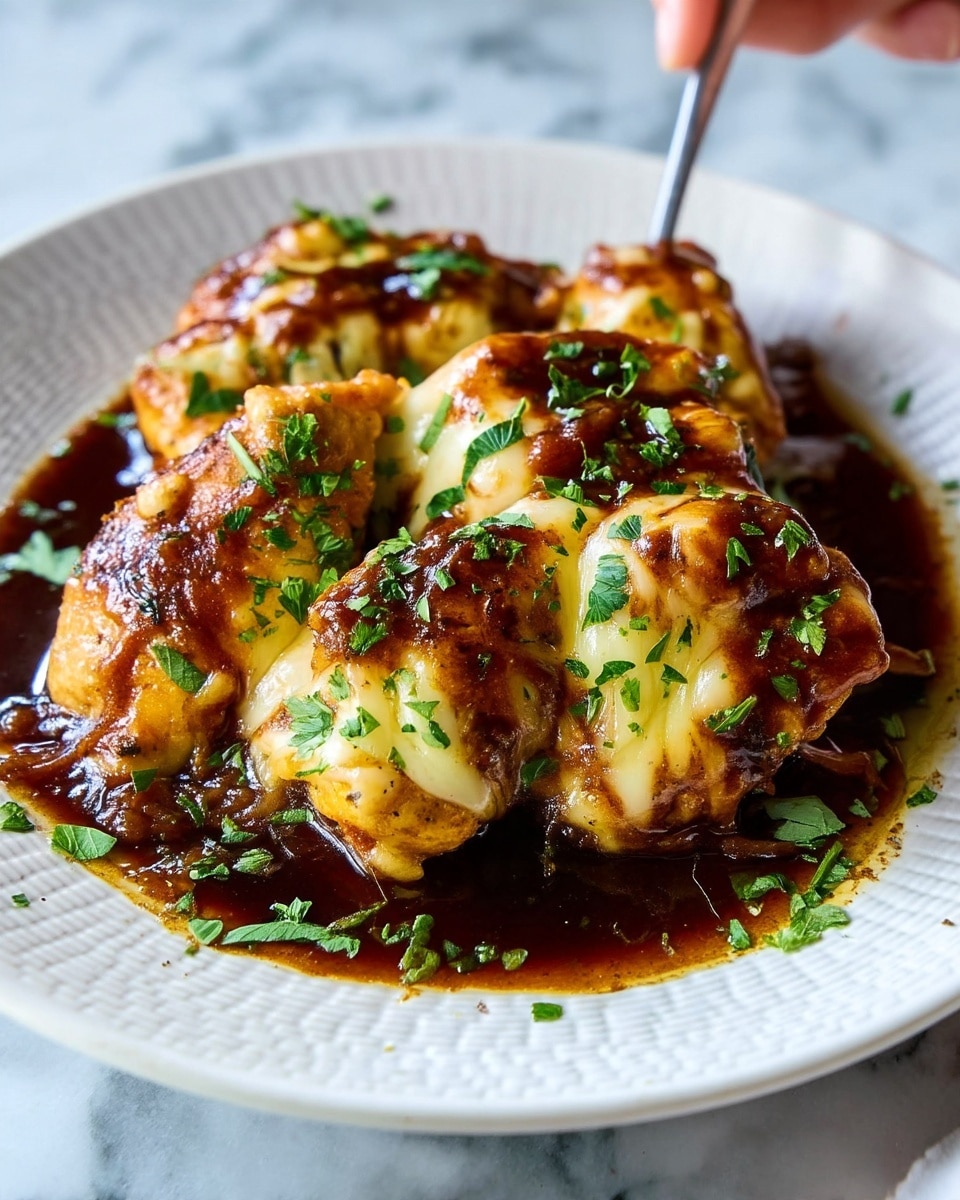 The dish shows several pieces of golden brown cooked chicken layered with melted cheese that has a light golden-brown color and stringy texture on top. The chicken is covered in a dark brown sauce that looks rich and glossy. Fresh chopped green herbs are sprinkled all over the dish, adding bright spots of color. The food is served on a white plate with a subtle textured pattern, sitting on a white marbled surface. A fork rests near the top right of the plate, and a woman's hand can be seen reaching from the left side of the image. photo taken with an iphone --ar 4:5 --v 7
