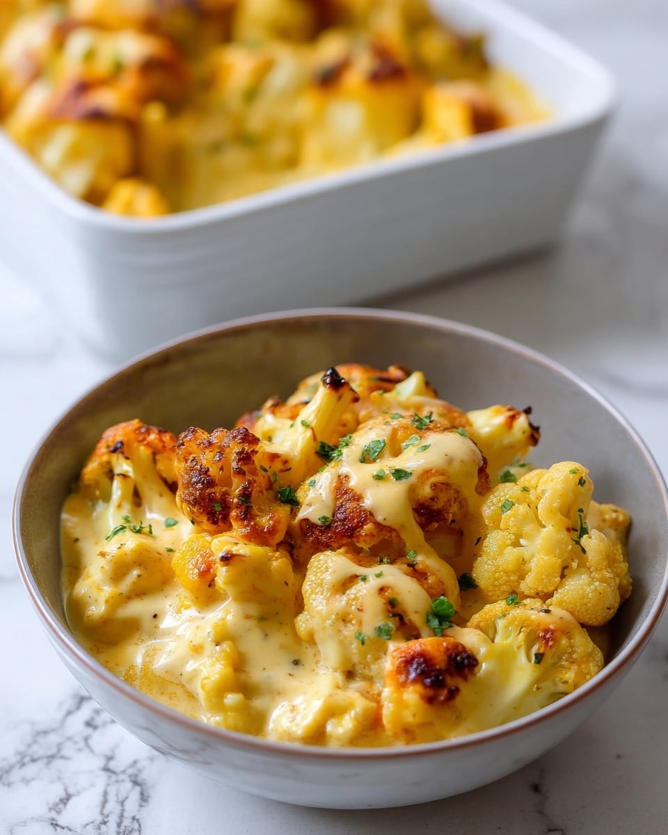 A bowl filled with creamy, rich yellow cauliflower cheese with bits of browned cheese and roasted cauliflower pieces on top. The sauce is thick and smooth, covering the cauliflower evenly. Small green herb sprinkles are scattered on the dish, adding a touch of color. Behind the bowl, a white baking dish with more cauliflower cheese is slightly out of focus. The background is a white marbled texture. Photo taken with an iphone --ar 4:5 --v 7