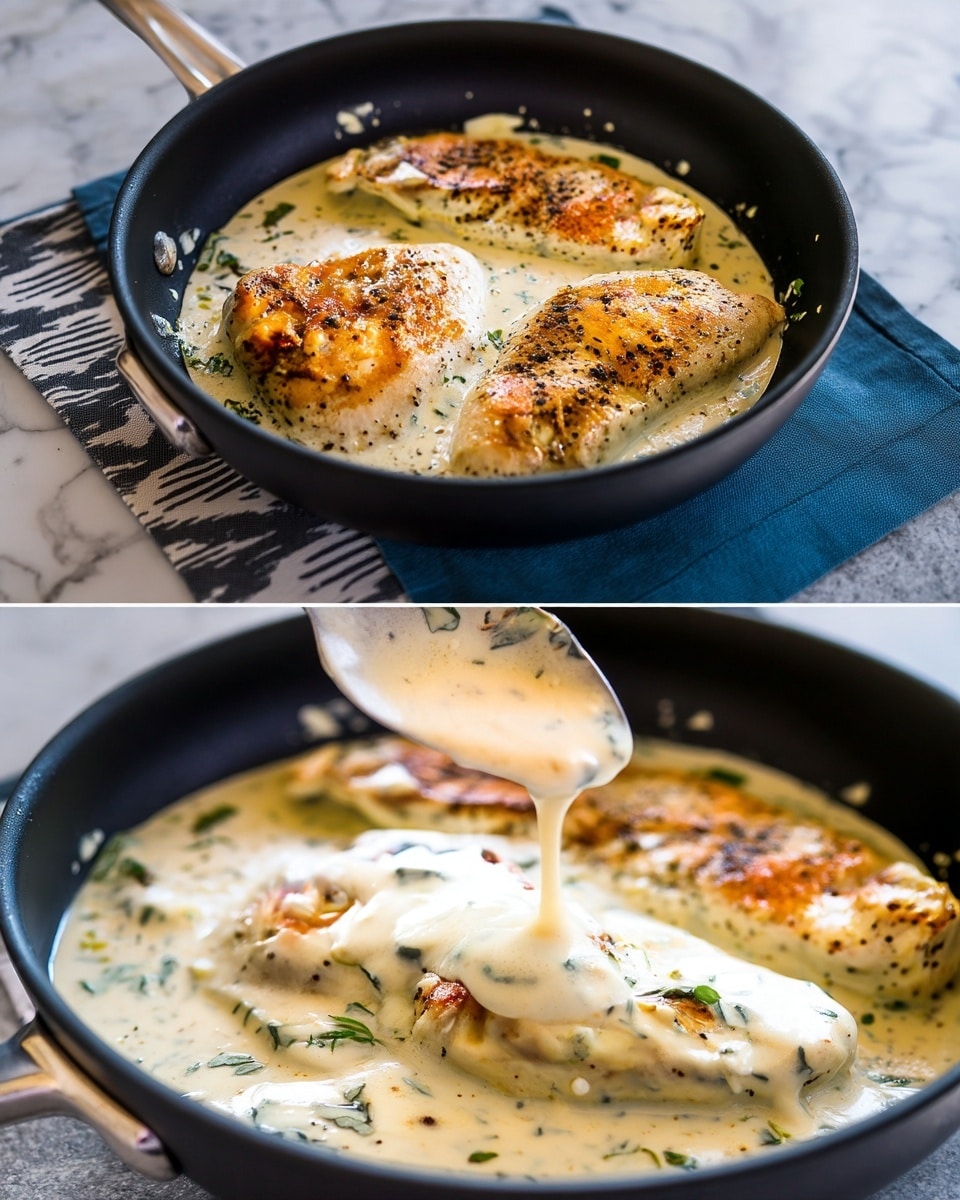 The image shows four cooked chicken pieces in a pan filled with a creamy white sauce with green herbs. The chicken has a golden-brown color with black pepper sprinkled on top. The sauce looks thick and smooth with small green leaves scattered throughout. In the second part of the image, a close-up shows a spoon pouring the creamy sauce over one of the chicken pieces, highlighting the creamy texture and fresh herbs. The pan is placed on a dark blue cloth on a white marbled surface photo taken with an iphone --ar 4:5 --v 7