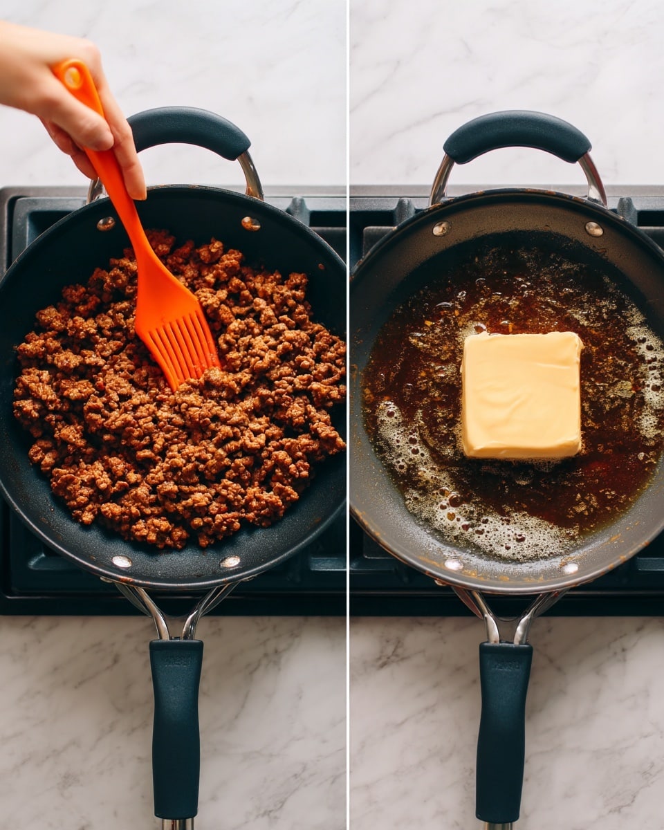 The images show two cooking pans on a stove. The first pan contains cooked ground beef that is brown with a crumbly texture, mixed evenly and stirred with an orange spatula held by a woman's hand. The second pan shows a single square of butter melting, creating a light foam as it melts on the smooth surface of the pan. Both pans have black handles and are placed on a stove with visible burner grates, with a white marbled textured surface below them. photo taken with an iphone --ar 4:5 --v 7