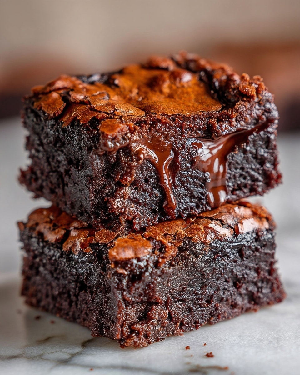 The image shows a close-up of two stacked brownies on a white marbled surface. The bottom layer is dense and dark chocolate brown with a moist, crumbly texture. The top layer is slightly cracked with a shiny, crisp brown crust and visible gooey chocolate pockets inside that look rich and smooth. The edges have a mix of shiny and matte finishes, showing a handmade look. Photo taken with an iphone --ar 4:5 --v 7