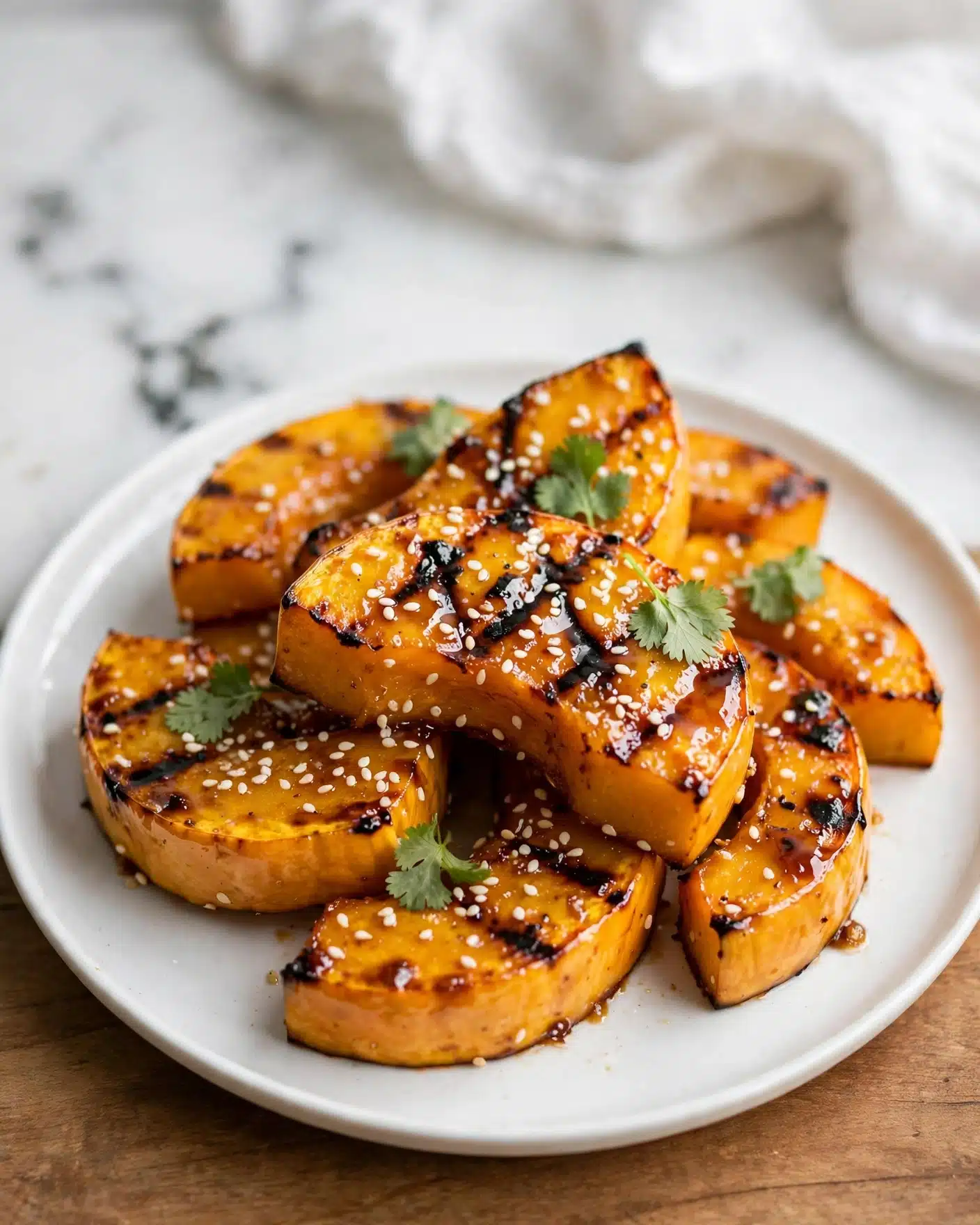 The image shows a white plate with several thick slices of roasted orange-yellow squash arranged in a loose pile. The squash slices have a shiny, slightly charred surface with dark grill marks and a sticky glaze. Small white sesame seeds are sprinkled on top, along with a few green cilantro leaves adding color contrast. The plate sits on a wooden surface with a white marbled background and a white cloth blurred in the back. photo taken with an iphone --ar 4:5 --v 7