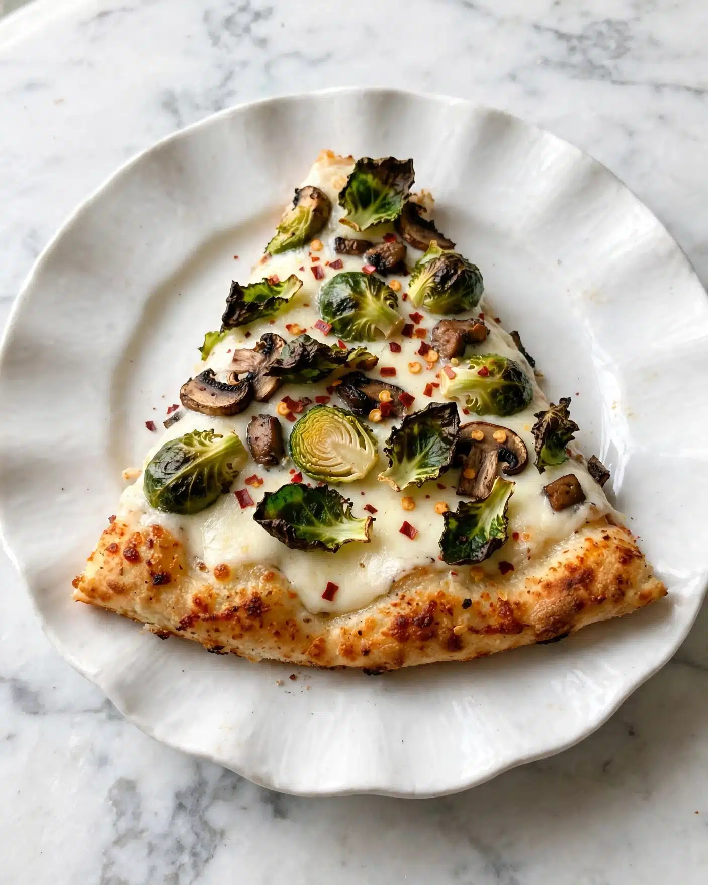 A single slice of pizza sits on a white plate with a wavy edge, placed on a white marbled surface. The pizza has three layers: the bottom is a thin, golden-brown crust with a slightly crispy texture, the middle layer consists of melted white cheese with a soft, creamy look, and the top layer features light green, slightly charred Brussels sprout leaves scattered unevenly with bits of dark brown mushrooms and red pepper flakes sprinkled across. The crust edge is thicker and golden with some browned spots. Photo taken with an iphone --ar 4:5 --v 7