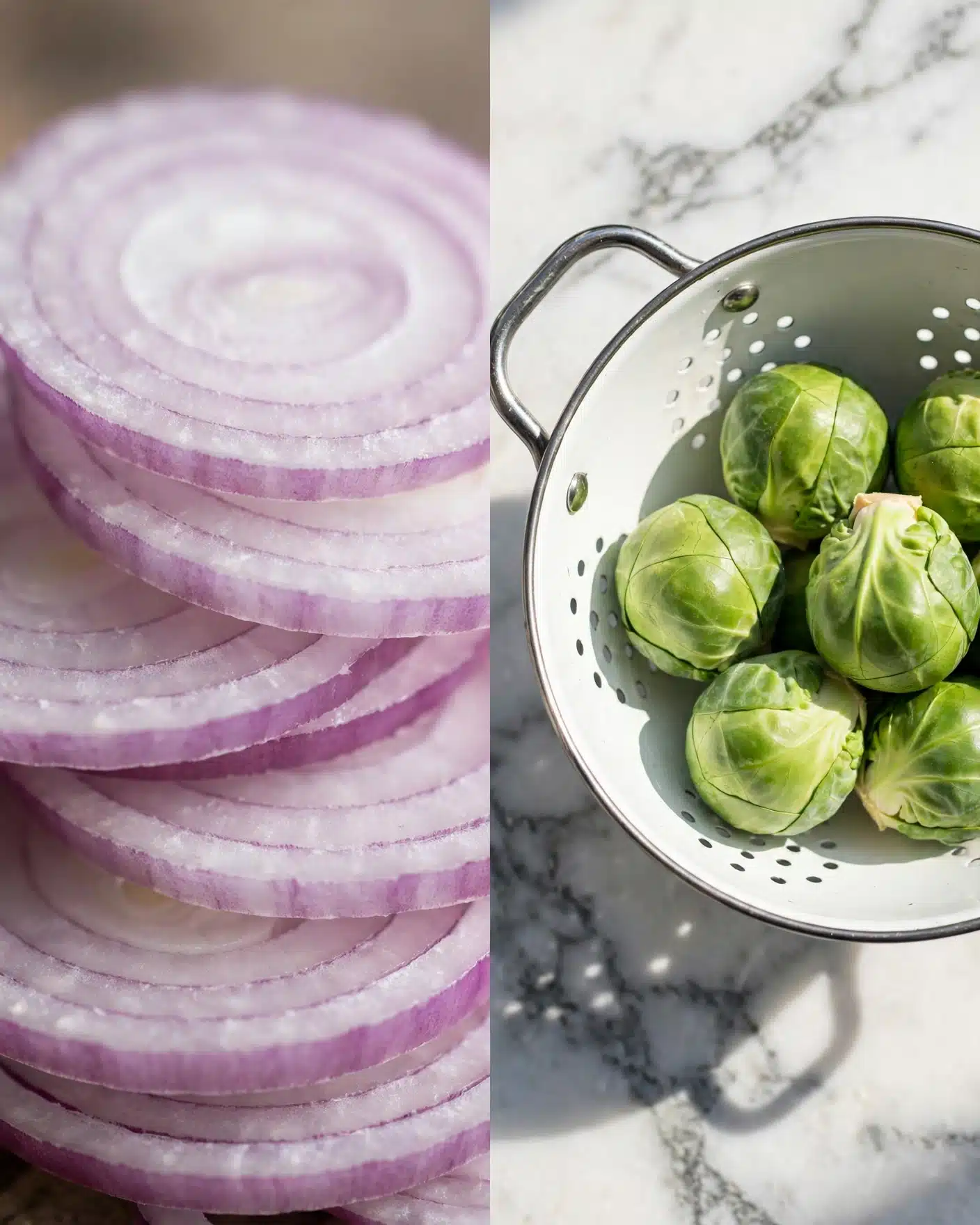 The image shows two separate close-up shots side by side. On the left, thin, round slices of purple onion are stacked, revealing their layered rings in shades of pale purple and white, with soft texture and slight translucence. On the right, round, green Brussels sprouts with crisp leaves sit inside a white colander with holes and metal handles, placed on a white marbled surface with bright light casting soft shadows. The colors contrast nicely between the purple onions and vibrant green sprouts, with the shiny, textured surface of the colander adding detail photo taken with an iphone --ar 4:5 --v 7
