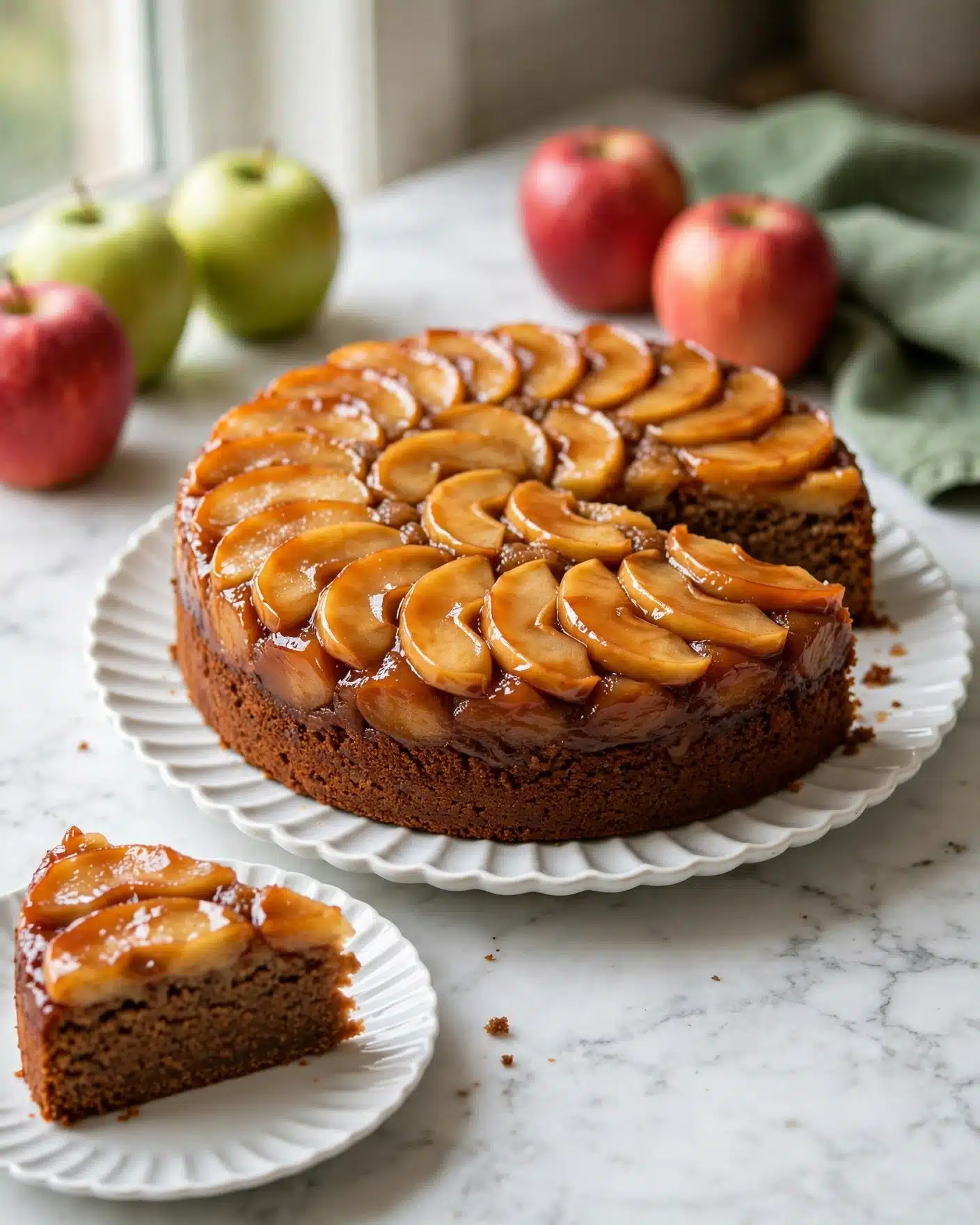 Caramel Apple Upside Down Cake Recipe 5 The image shows a round upside-down apple cake with one slice missing, placed on a white fluted plate on a white marbled surface. The cake has two main layers: the top layer is made of caramel-glazed apple slices arranged in a circular pattern with a shiny, smooth texture in light brown and golden colors, while the bottom layer is a dense, moist, darker brown cake. A single slice of the cake sits on a small white plate nearby, showing the same layers with the apple topping clearly visible. In the background, there are whole red and green apples and a green cloth to the side. Photo taken with an iphone --ar 4:5 --v 7