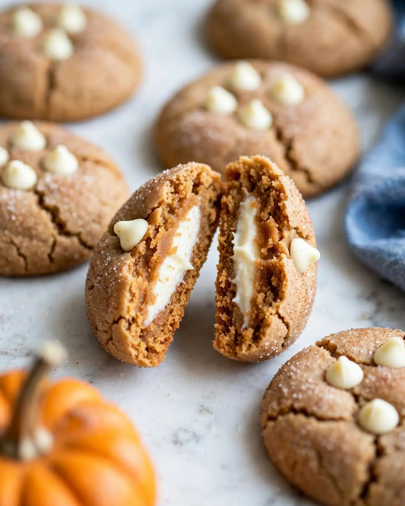 The image shows several round cookies with a light brown, slightly cracked surface covered in sugar and cinnamon. Each cookie has a few white chocolate chips scattered on top. One cookie is split in half and placed on the center, revealing a two-layer inside: a soft, orange-brown dough outer layer and a creamy, white filling in the middle. The cookies are arranged on a white marbled surface with part of a small pumpkin and a blue cloth visible in the background. The focus is on the center cookie halves while others are blurred. Photo taken with an iphone --ar 4:5 --v 7
