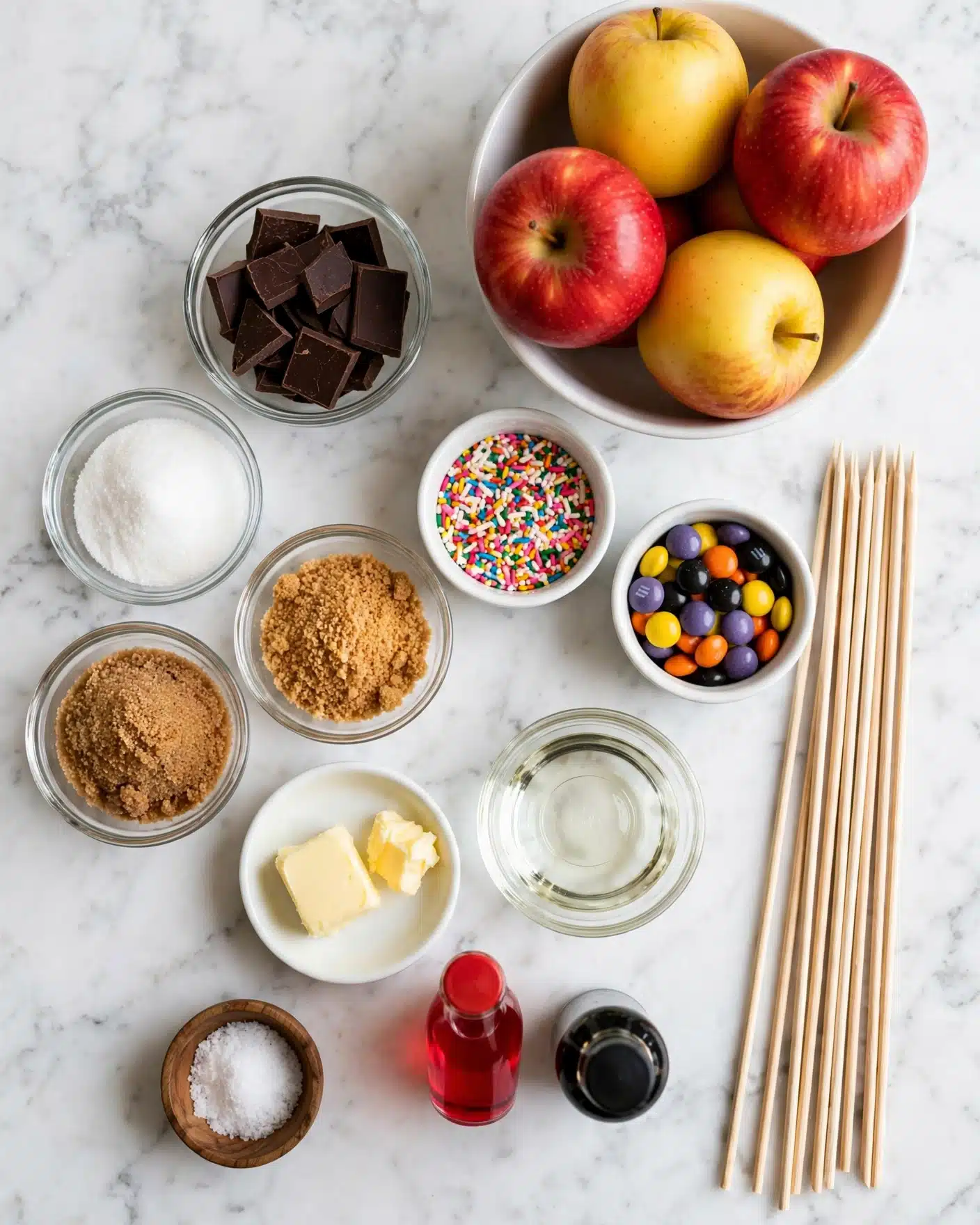 Festive Candy Apples Three Ways Recipe 4 The image shows a wooden table with various small containers and bowls arranged neatly. On the top right, there is a white bowl filled with red and yellow apples. Surrounding it, several small round clear glass bowls contain chocolate pieces, white sugar, brown sugar, and light brown crumbs. A small white bowl holds colorful sprinkles, and another bowl contains multicolored candy-coated chocolates in purple, yellow, orange, and black. There is a small dish with a light yellow chunk of butter and a small bowl with a clear liquid, likely water or oil. Two small bottles, one red and one black, sit near the bottom center. A tiny wooden bowl contains salt. Several wooden sticks lie on the table's right side. The table surface is wooden but will be described as a white marbled texture. photo taken with an iphone --ar 4:5 --v 7