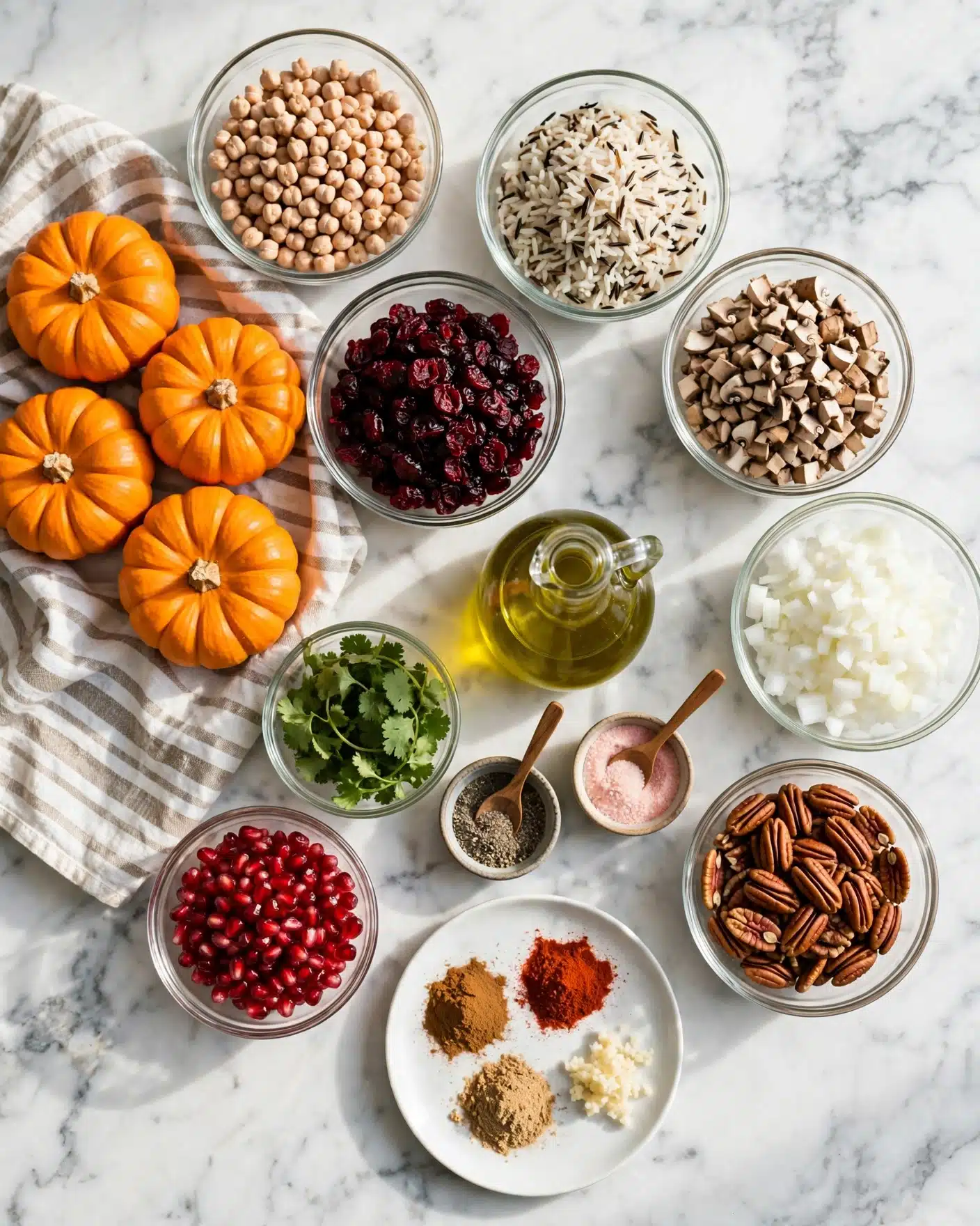 The image shows a collection of cooking ingredients neatly arranged on a white marbled surface. There are four small bright orange pumpkins on the left side, sitting on a striped cloth. Around the pumpkins, there are clear glass bowls filled with light beige chickpeas, dark red dried cranberries, a mix of white and wild rice, chopped light brown mushrooms, chopped white onions, and medium brown pecans. Small bowls contain bright red pomegranate seeds and fresh green cilantro leaves. A small glass jug of golden liquid, likely olive oil, sits near the center. There are also tiny bowls with black and gray ground pepper and pink salt, each with a small wooden spoon. On a white plate, there are three small piles of ground spices in brown, red, and light brown colors, along with a small amount of minced white garlic. Photo taken with an iphone --ar 4:5 --v 7