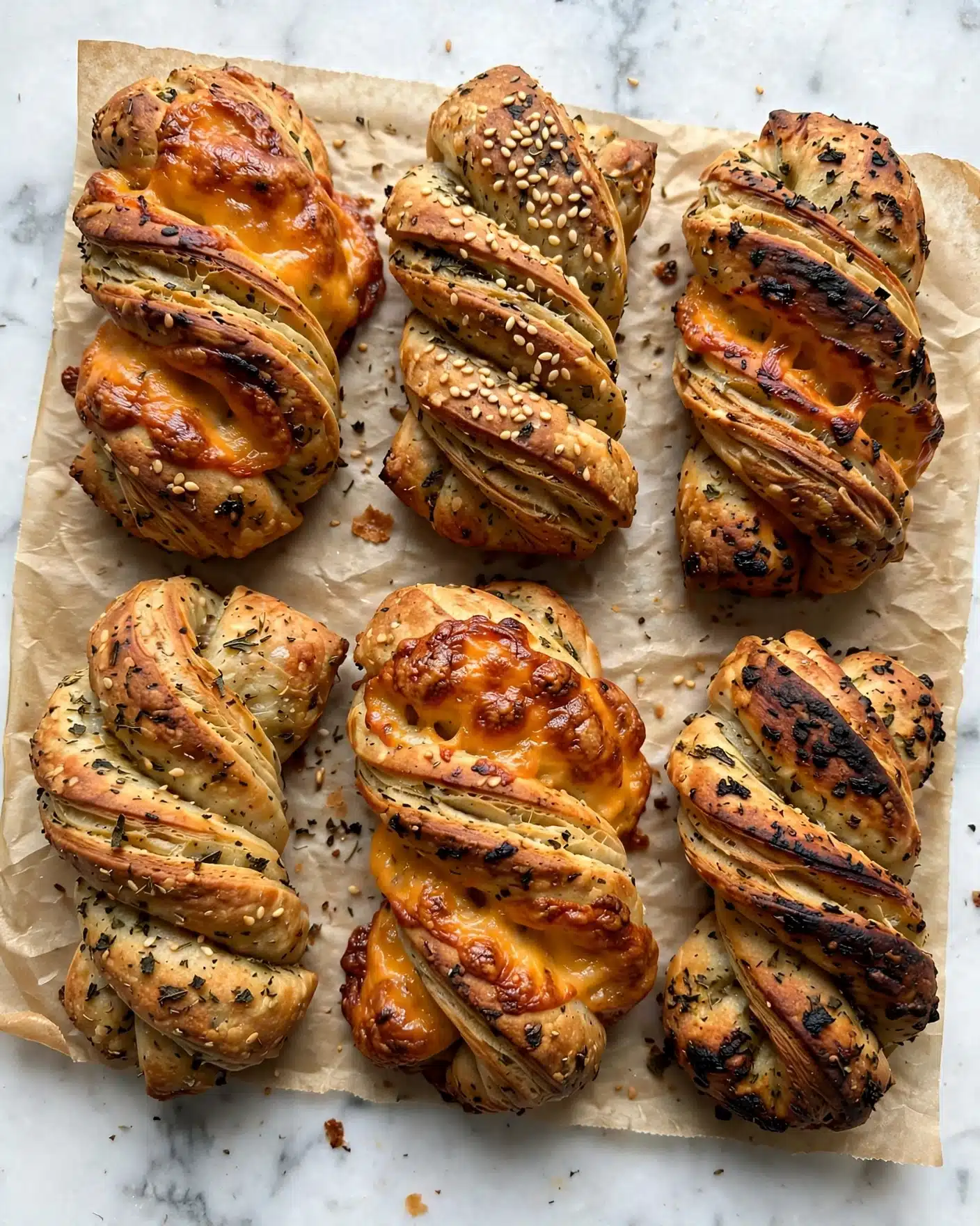 The image shows six twisted knot-shaped pastries arranged on parchment paper over a white marbled surface. Each pastry has around three to four visible twisted layers of golden-brown dough with a slightly flaky texture. The tops of the pastries are sprinkled with sesame seeds and some have melted orange cheese baked into the layers, creating shiny, crisp patches. Bits of dark herbs or seasoning are spread throughout the dough, adding contrast to the light golden dough. The overall look is rustic with some darker, almost charred spots adding texture to the warm tones of the pastries. photo taken with an iphone --ar 4:5 --v 7