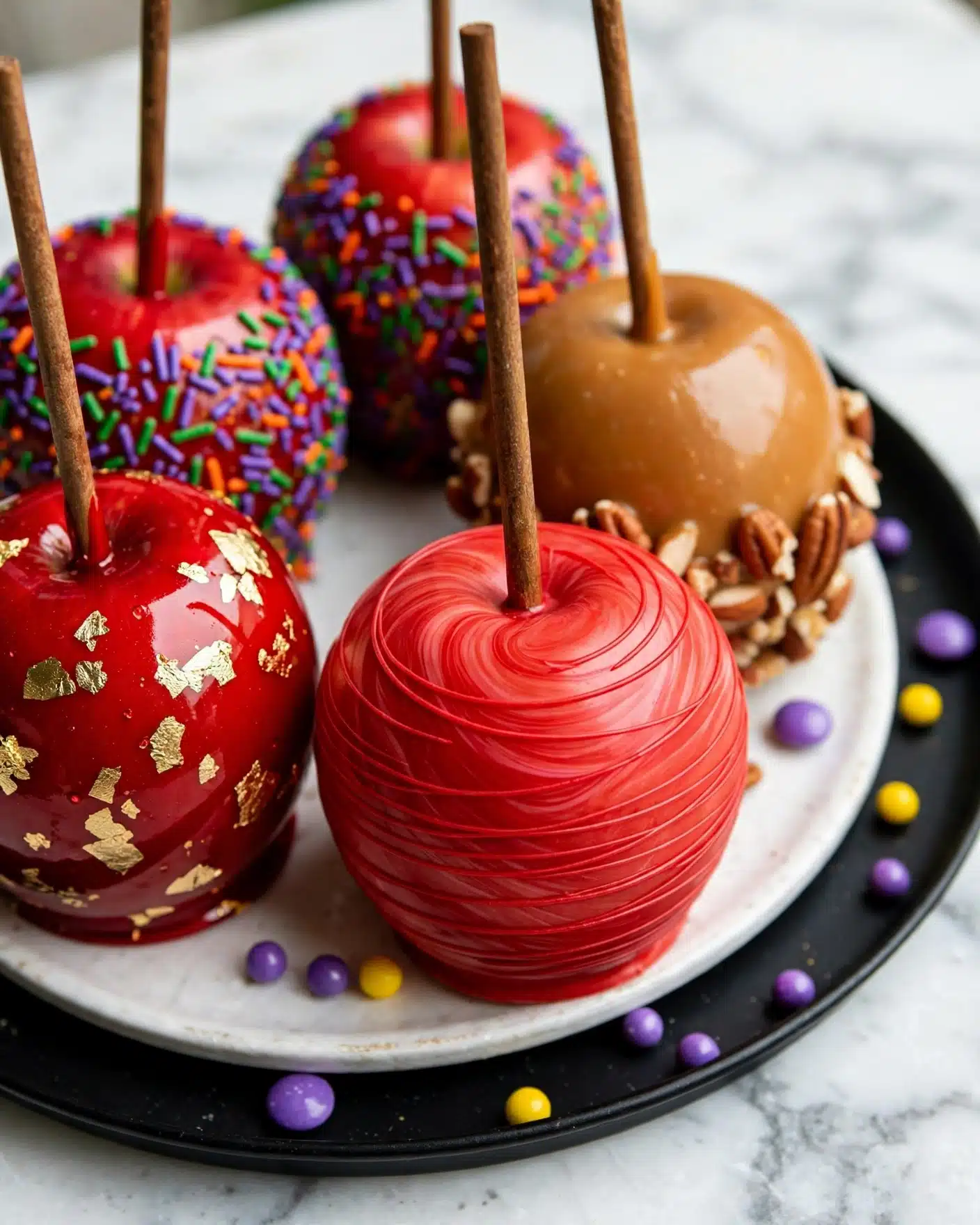 Festive Candy Apples Three Ways Recipe 5 The image shows a group of glossy red candy apples on white marbled surface, arranged on a white plate with a black serving tray. Each apple has a wooden stick in the center. The front apple is smooth and shiny with thin red swirl lines wrapped around it. The apple to its left is coated in shiny red candy with irregular pieces of gold leaf decorating the surface. Behind them, other apples are visible, some decorated with colorful sprinkles in purple, green, and orange, and some coated in smooth caramel with nuts at the base. Small purple and yellow round candies are scattered around the apples on the black tray. photo taken with an iphone --ar 4:5 --v 7