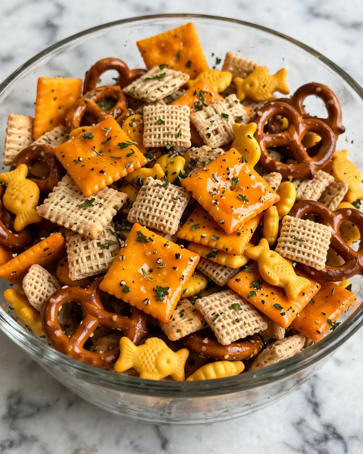 A close-up view of a mixed snack in a clear glass bowl showing multiple layers of different textures and colors. The snack includes orange square crackers that are shiny and smooth, light beige woven cereal pieces with a rough surface, dark brown shiny pretzel rings, and small bright yellow goldfish crackers with a slightly bumpy texture. The mixture is sprinkled with small bits of green herbs and black specks, creating an uneven but colorful coating over all pieces. The bowl is placed on a white marbled surface, and the image captures the vibrant contrast and texture of the mixed snack. photo taken with an iphone --ar 4:5 --v 7