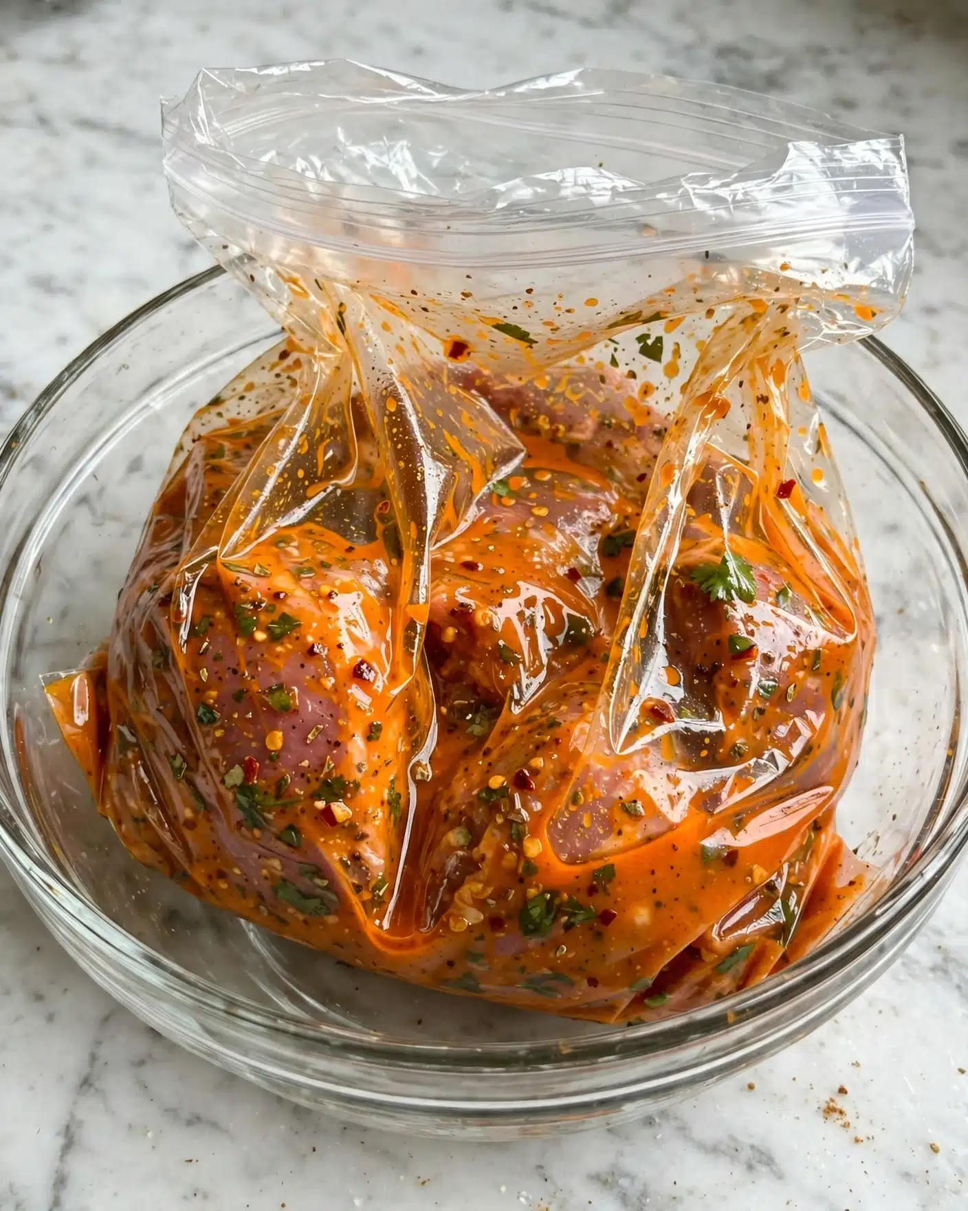 A clear glass bowl sits on a white marbled surface, holding a clear plastic ziplock bag filled with raw meat pieces coated in a bright orange marinade; the meat pieces are partially visible through the crinkled plastic, showing herbs and spices mixed in the sauce that covers them evenly; the bag is loosely closed on top, with the orange liquid spread throughout, creating shiny textures inside the bag photo taken with an iphone --ar 4:5 --v 7