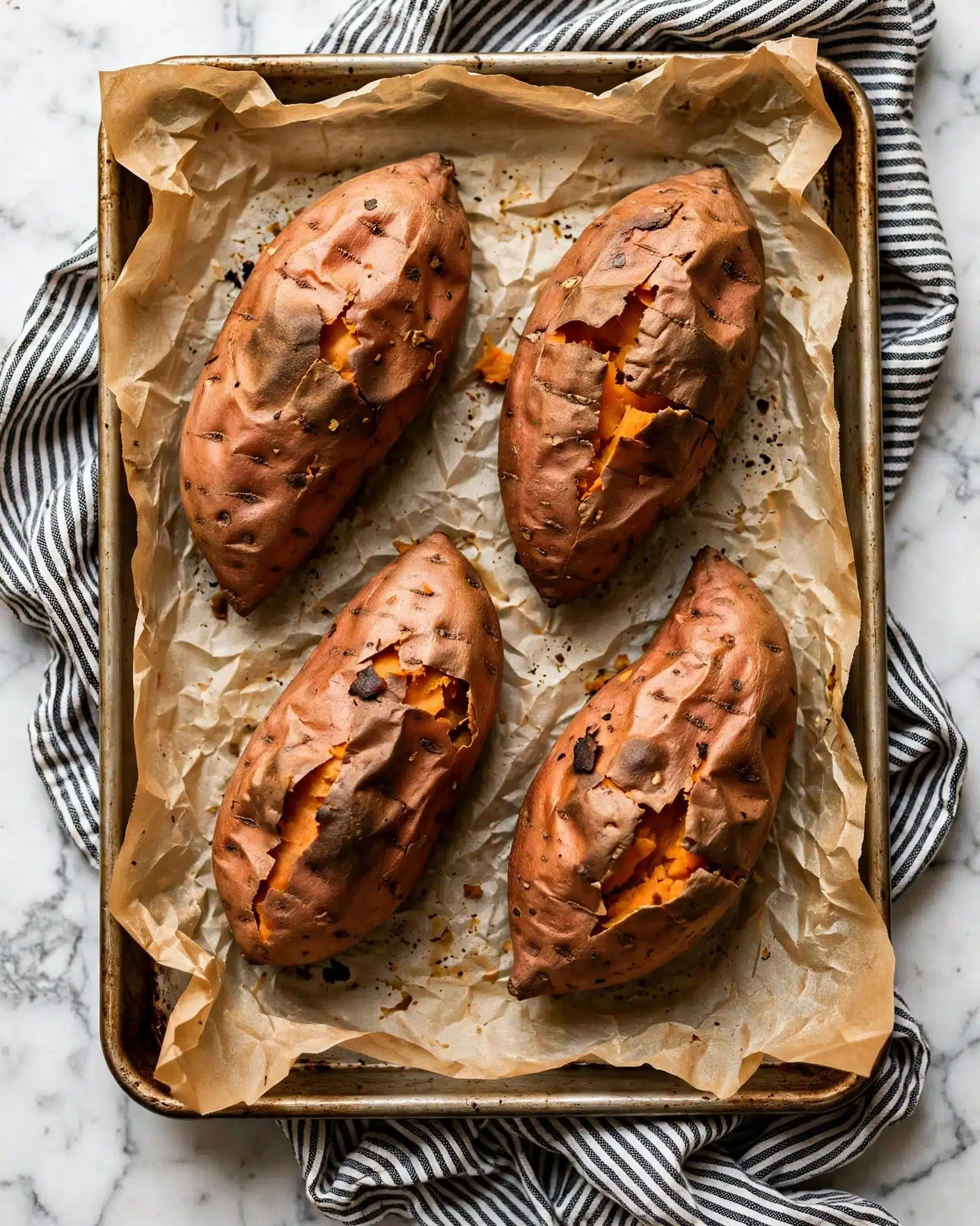 A baking tray lined with crumpled light brown parchment paper holds four cooked sweet potatoes. The sweet potatoes are large with rough, reddish-brown skin, showing some small spots and natural marks. The tray sits on a textured black and white striped cloth, which lays on a white marbled surface. The photo has a warm, rustic feeling and shows the sweet potatoes from above in soft, natural light. photo taken with an iphone --ar 4:5 --v 7