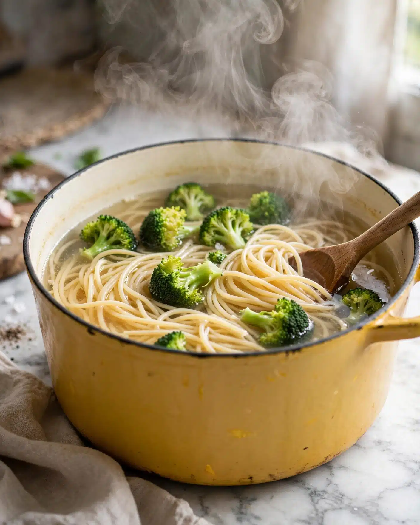 A large yellow pot filled with long spaghetti noodles cooking in clear broth with bright green broccoli florets scattered on top, steaming hot with wisps of steam rising from the pot. A wooden spoon is stirring the noodles and broccoli from the right side. The pot sits on a white marbled surface. photo taken with an iphone --ar 4:5 --v 7