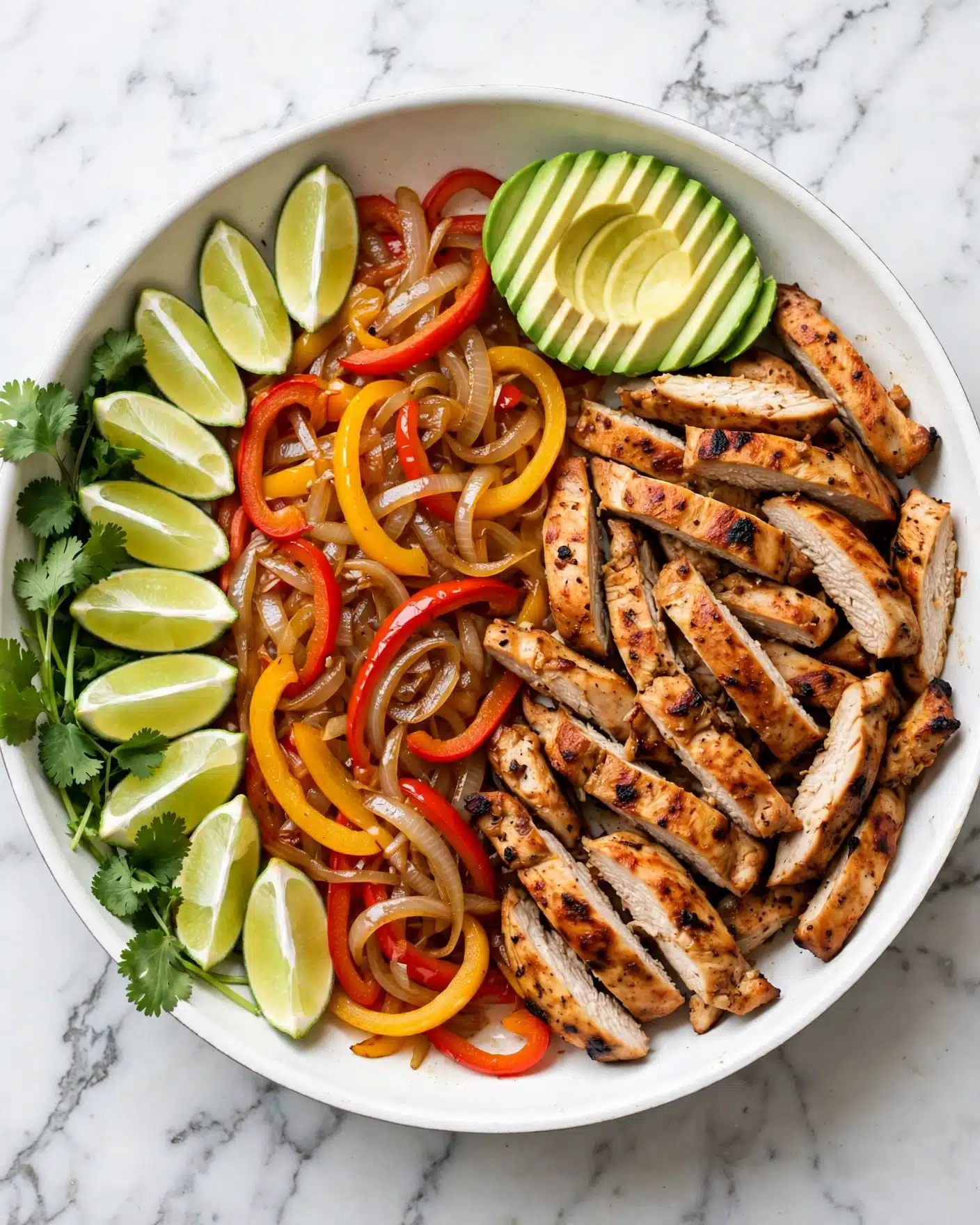 A white round pan showcases three main layers: on the right side, there are many strips of cooked chicken with a golden brown texture and slight charring; in the center, a layer of sautéed red and yellow bell pepper strips mixed with cooked onions, showing a soft and slightly glossy texture; along the left edge of the pan, bright green lime wedges are arranged neatly, alongside fresh green cilantro leaves adding a vibrant touch; on the top right, slices of light green avocado fan out delicately. The dish is set on a white marbled surface. Photo taken with an iphone --ar 4:5 --v 7