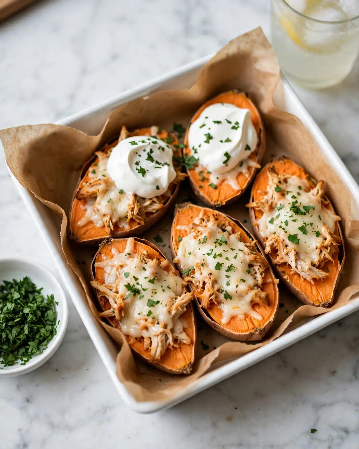 The image shows a white square dish lined with brown parchment paper, filled with several sweet potato halves topped with shredded chicken, melted white cheese, and chopped green herbs. On the top layer of two of the sweet potato halves, there is a dollop of white sour cream and extra green herbs sprinkled. On the side, there is a small white bowl containing finely chopped green herbs. The dish is set on a white marbled surface with a glass of light-colored drink partially visible in the background. photo taken with an iphone --ar 4:5 --v 7