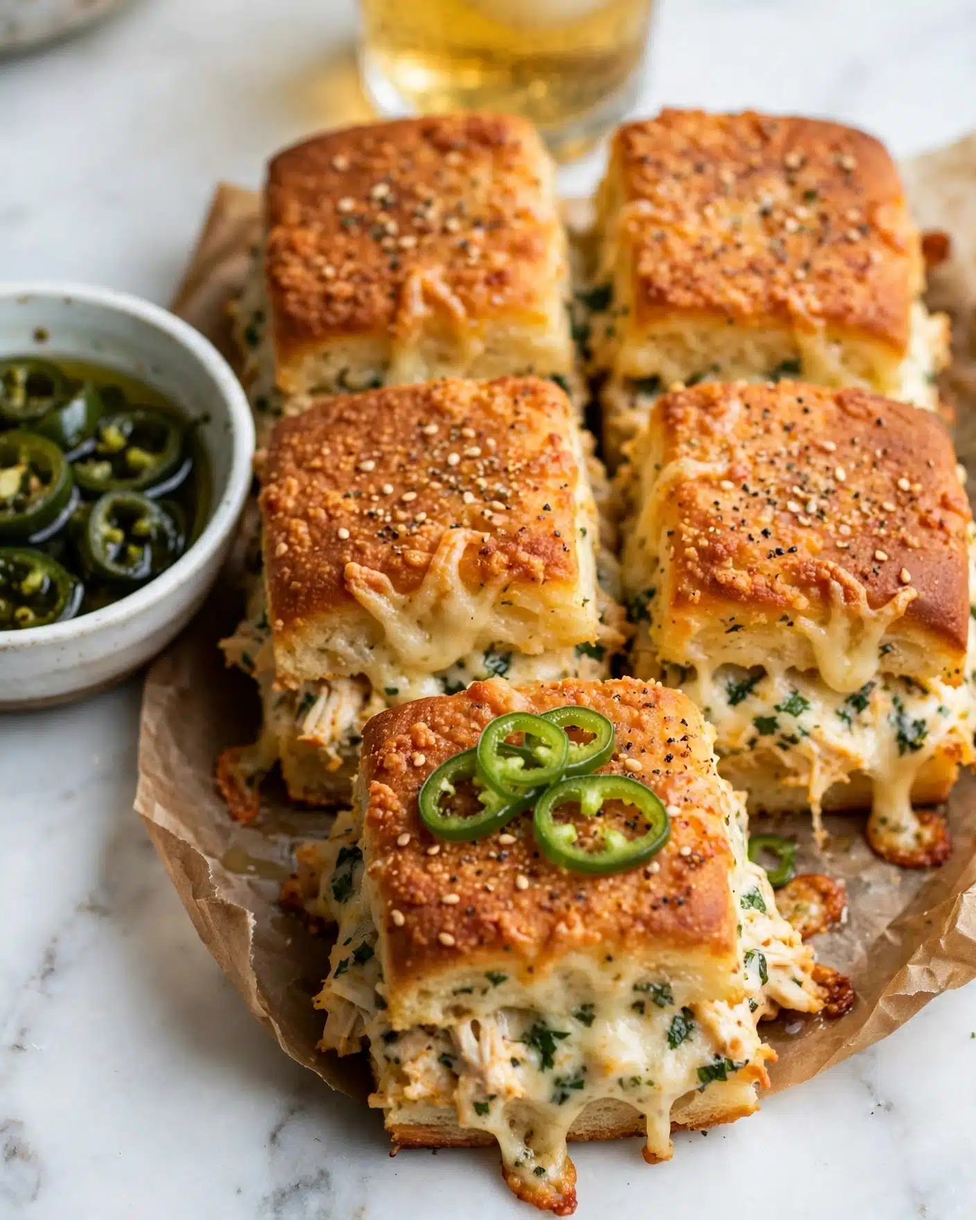 A close-up view of six square baked rolls arranged in two rows on parchment paper over a white marbled surface. Each roll has a golden brown, crispy top sprinkled with black pepper and small seeds, with a soft, slightly melted cheese layer visible beneath the crust. The cheese layer shows bits of green herbs and slightly browned melted cheese edges hanging from the sides. One roll in the front is garnished with thin, sliced green peppers. To the left, a small white bowl holds dark green sliced peppers soaked in oil. Behind the rolls, part of a glass with golden liquid is visible, all set on a white marbled surface. photo taken with an iphone --ar 4:5 --v 7