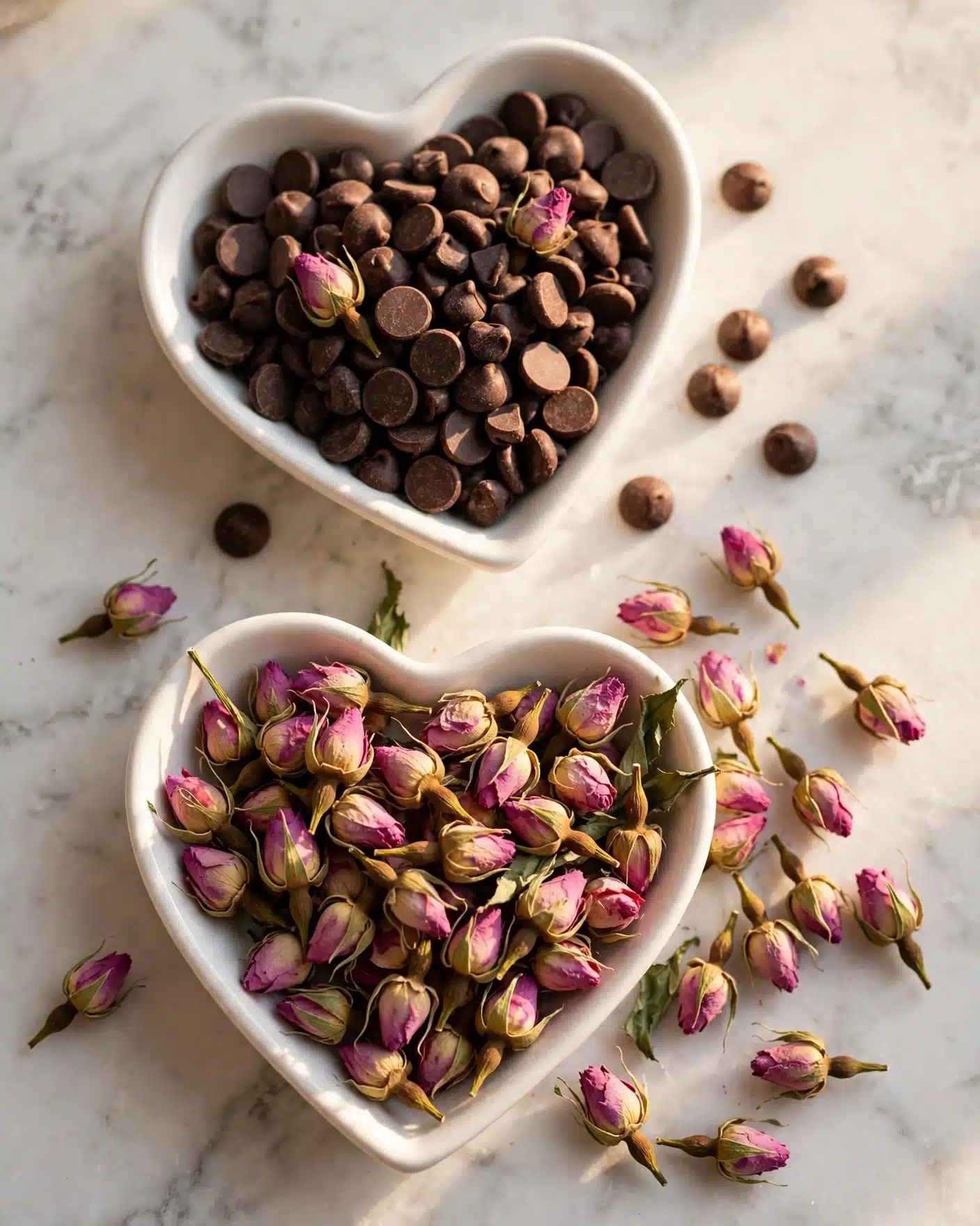 5 Ingredient Magic Cookies Recipe 4 The image shows two white heart-shaped ceramic dishes on a white marbled surface. The dish at the top is filled with dark brown chocolate chips, with a few scattered on the surface around it and a couple of small dried pink rosebuds mixed in. The dish at the bottom holds many dried pink rosebuds with green stems, some spilling out onto the marbled surface. Soft sunlight highlights parts of the chocolate chips and rosebuds, creating a warm and textured look. photo taken with an iphone --ar 4:5 --v 7