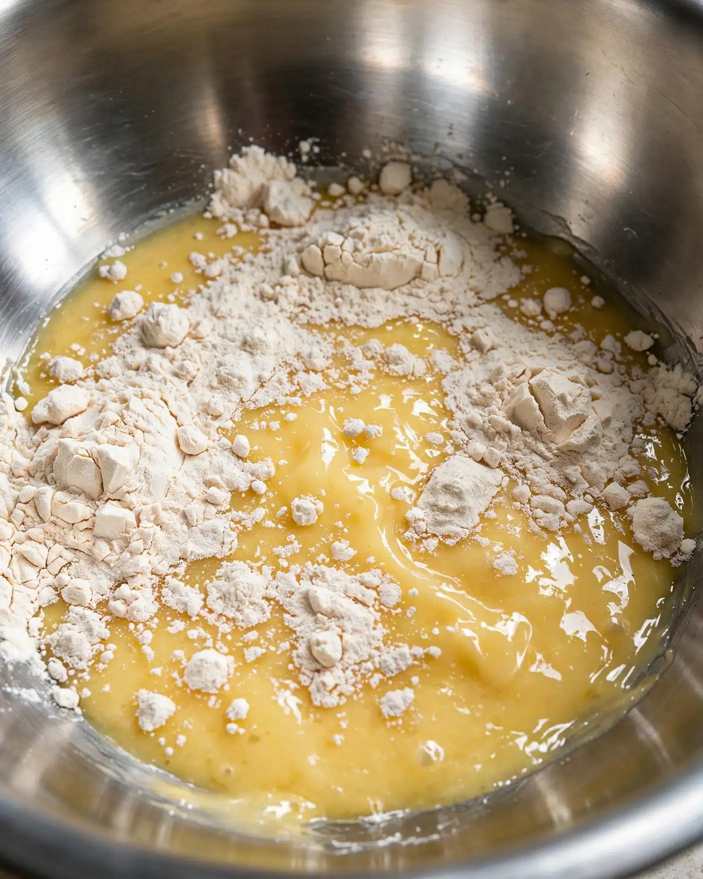 A close-up view inside a shiny metal mixing bowl shows layers of light beige flour scattered over a smooth yellow liquid batter. The flour is powdery and unevenly spread in small piles while the yellow batter beneath glistens wet and thick. The bowl’s shiny, reflective surface curves around the ingredients, catching light and shadows. The mixture looks ready to be stirred, with a texture mix of dry powder and wet smoothness. Photo taken with an iphone --ar 4:5 --v 7