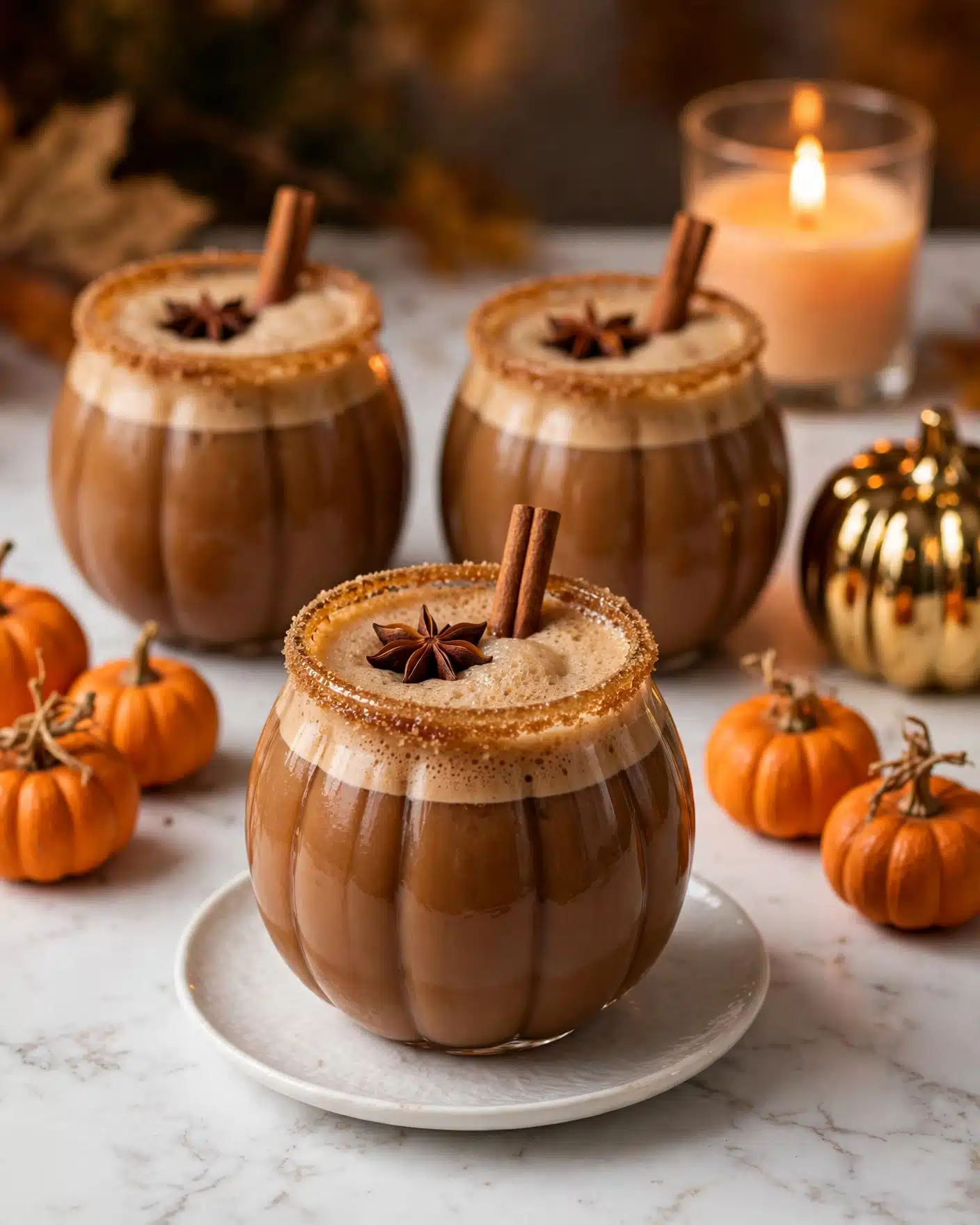 Three pumpkin-shaped glasses filled with a brown drink sit on a white marbled surface. Each glass has a thick rim coated in brown sugar crystals. Two glasses are in the background, and one is in the front center on a round white plate. The drink’s top layer is frothy and decorated with star anise and a cinnamon stick standing upright. Small orange decorative pumpkins are placed next to the glasses. A warm orange candle flickers softly in the background, casting a golden glow that reflects off a shiny pumpkin-shaped ornament. The scene is cozy and autumn-themed, photo taken with an iphone --ar 4:5 --v 7