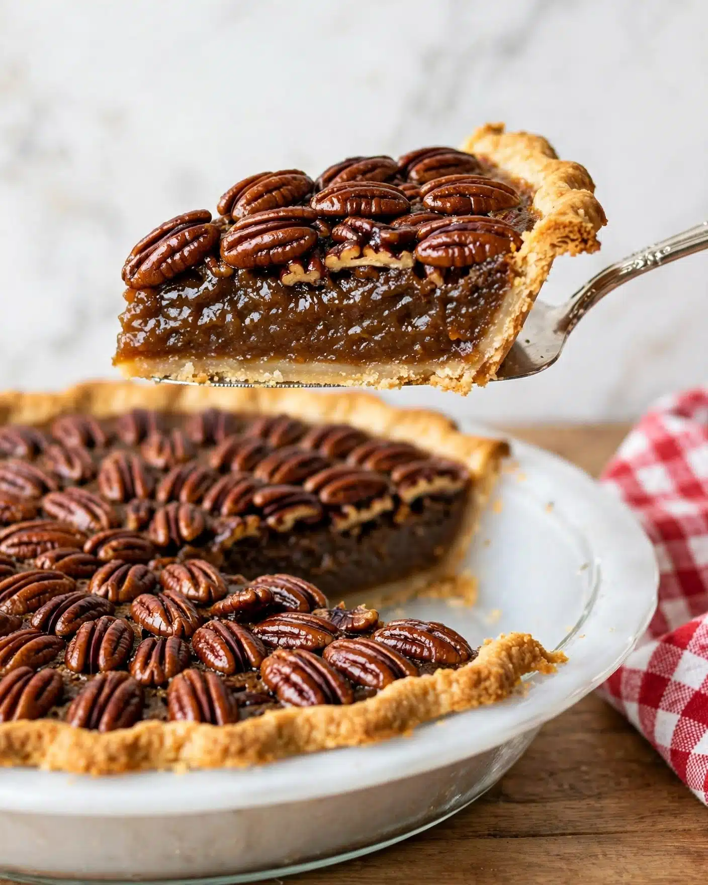 A slice of pecan pie is being lifted from a white glass pie dish with a silver pie server. The pie has three visible layers: a golden brown flaky crust at the bottom and edges, a thick, dark brown, glossy filling in the middle with a slightly sticky texture, and a top layer densely covered with whole, shiny pecan halves that are rich brown with a glossy finish. The pie dish sits on a wooden surface with a red checked cloth partially visible on the right side. The background is a soft, light tone with a white marbled texture photo taken with an iphone --ar 4:5 --v 7