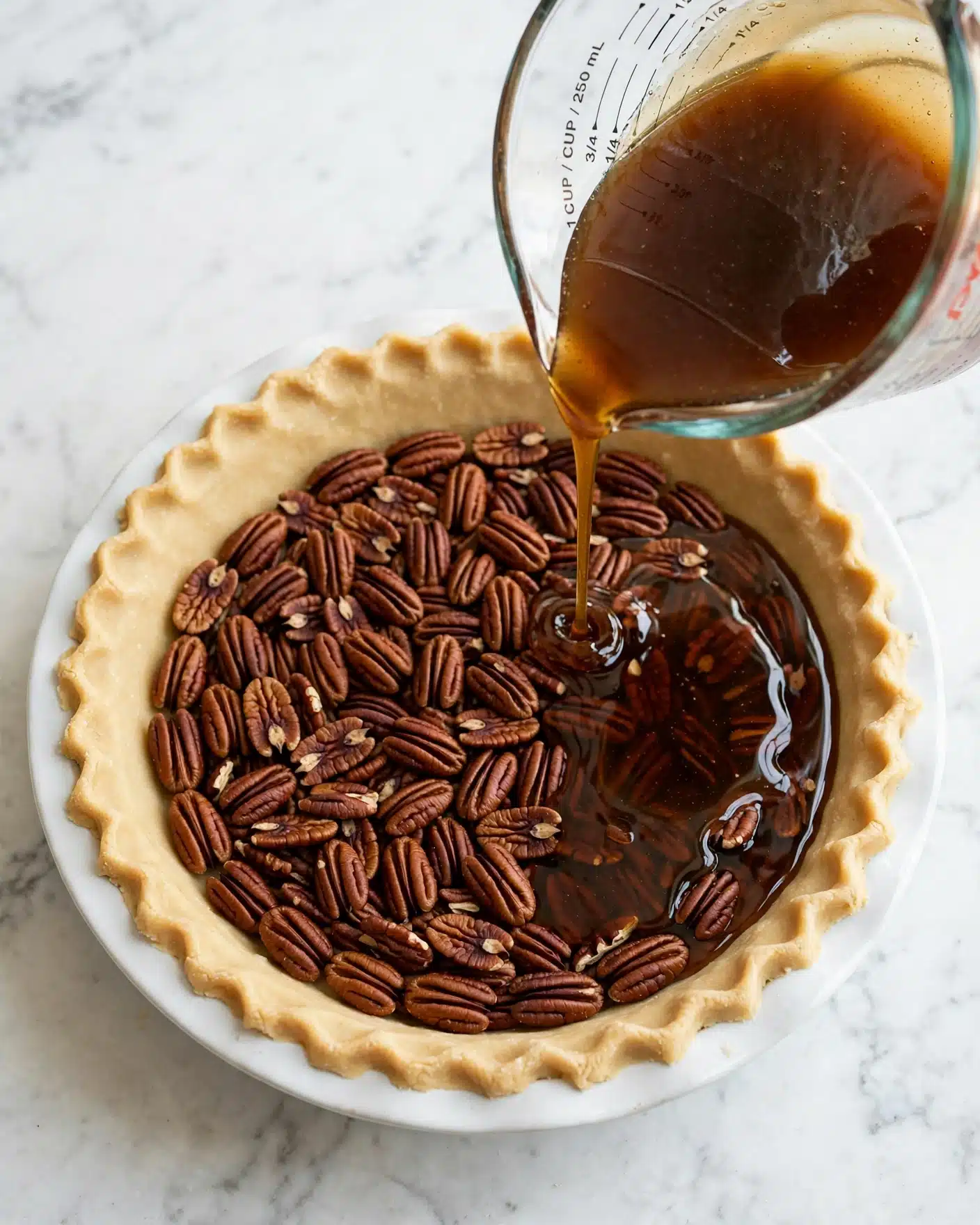 A white pie dish holds one layer of golden raw pie crust with a slightly crimped edge. Inside the crust, a single even layer of dark brown pecans is spread out, covering the bottom fully. From the top right, a clear measuring cup pours a thick, shiny, brown syrup over the pecans, creating a glossy, liquid layer that begins to fill the gaps between the nuts. The scene is on a white marbled surface. photo taken with an iphone --ar 4:5 --v 7