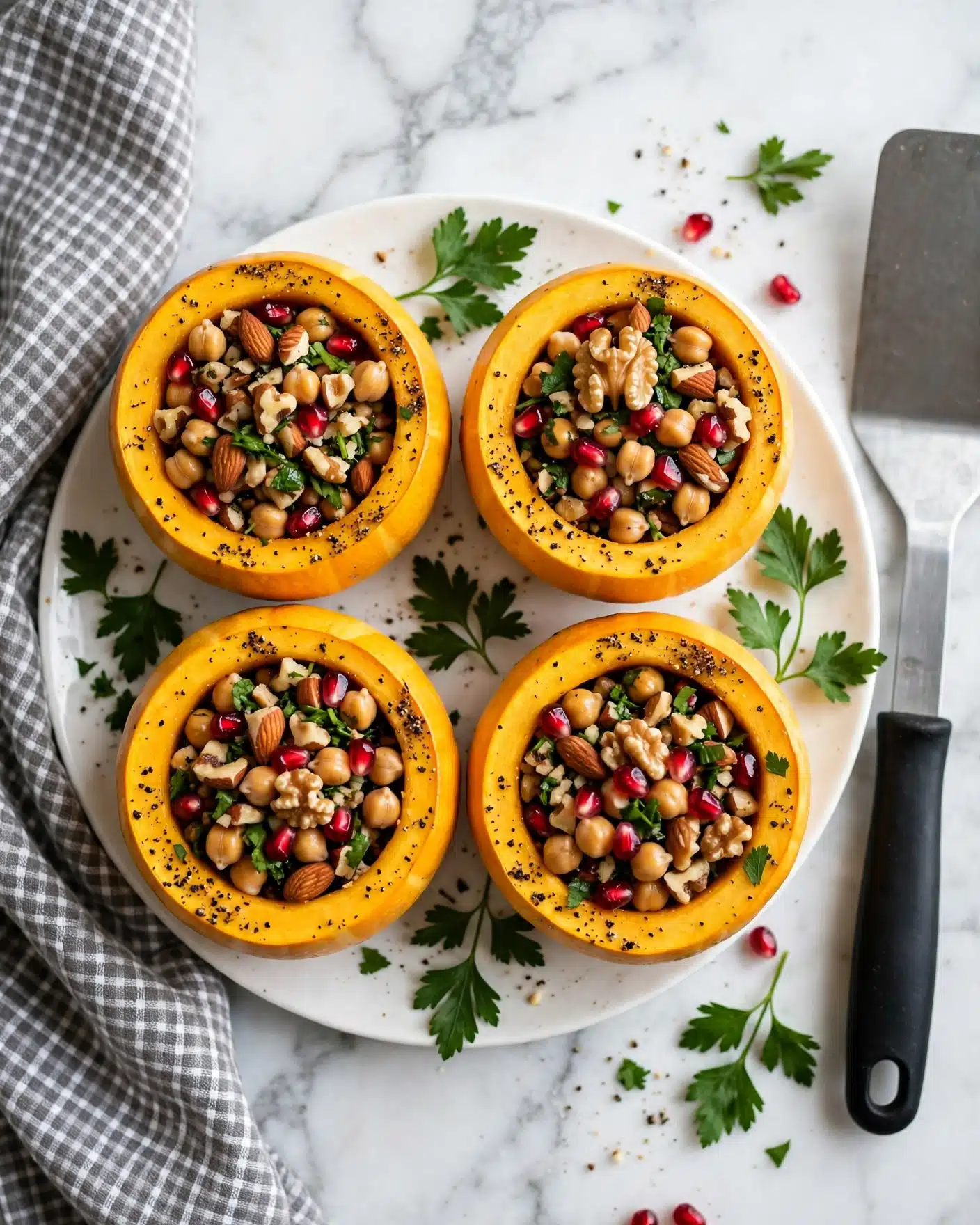 The image shows four round hollowed yellow-orange squash bowls filled with a mix of chopped nuts, chickpeas, pomegranate seeds, and green herbs. The squash has a smooth texture with black pepper seasoning on the edges. The bowls sit on a white plate with fresh green parsley leaves around them. The background is a white marbled surface with a gray checkered cloth on the left side and a metal spatula with a black handle on the right side. Photo taken with an iphone --ar 4:5 --v 7