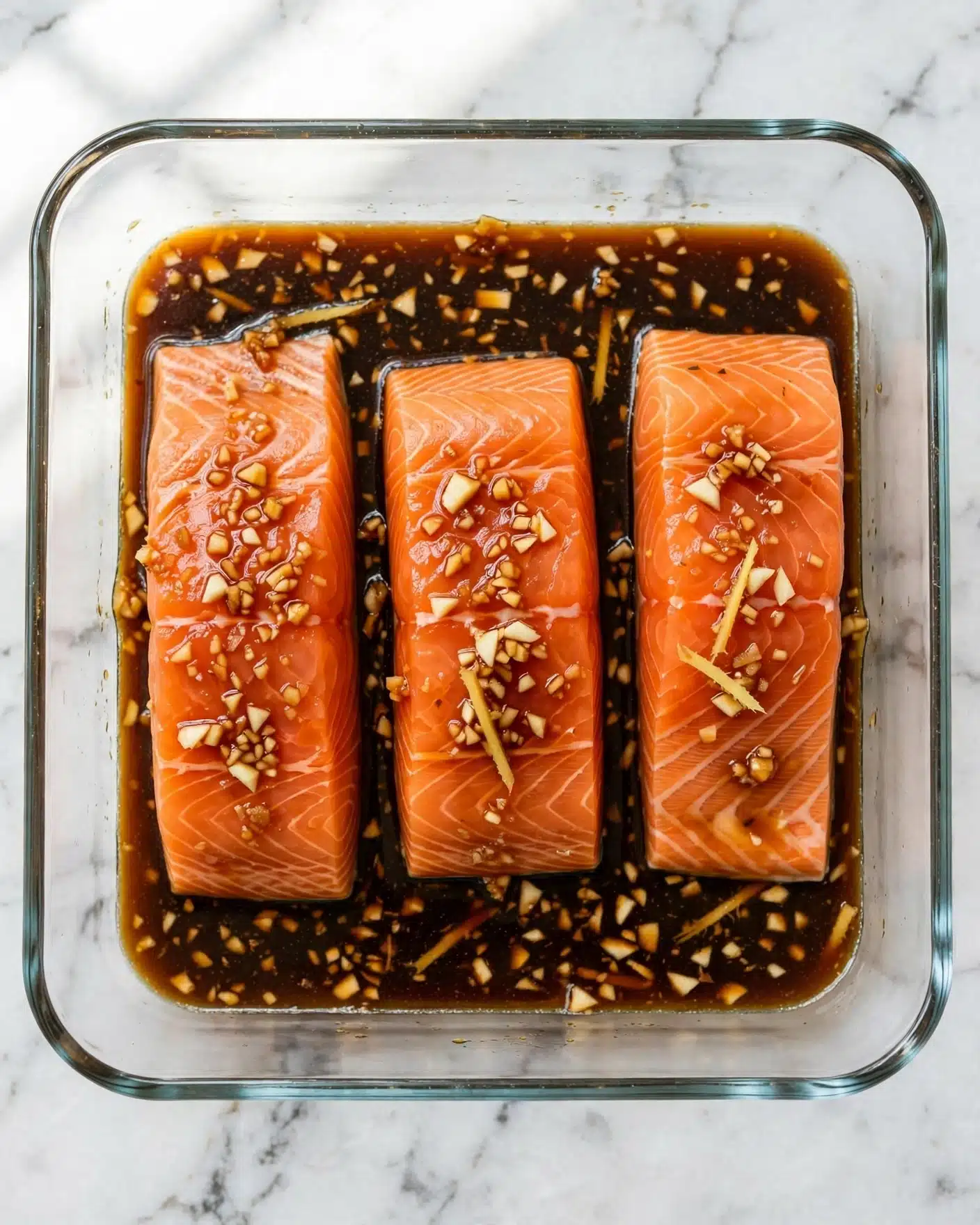 The image shows three thick, rectangular pieces of bright orange salmon with visible white lines of fat, placed inside a clear glass container. The salmon is partly covered by a dark brown liquid marinade with small bits of what looks like minced garlic or ginger scattered on top and in the sauce. The container sits on a white marbled surface, and the photo is taken from above, clearly showing the fish and marinade together. photo taken with an iphone --ar 4:5 --v 7