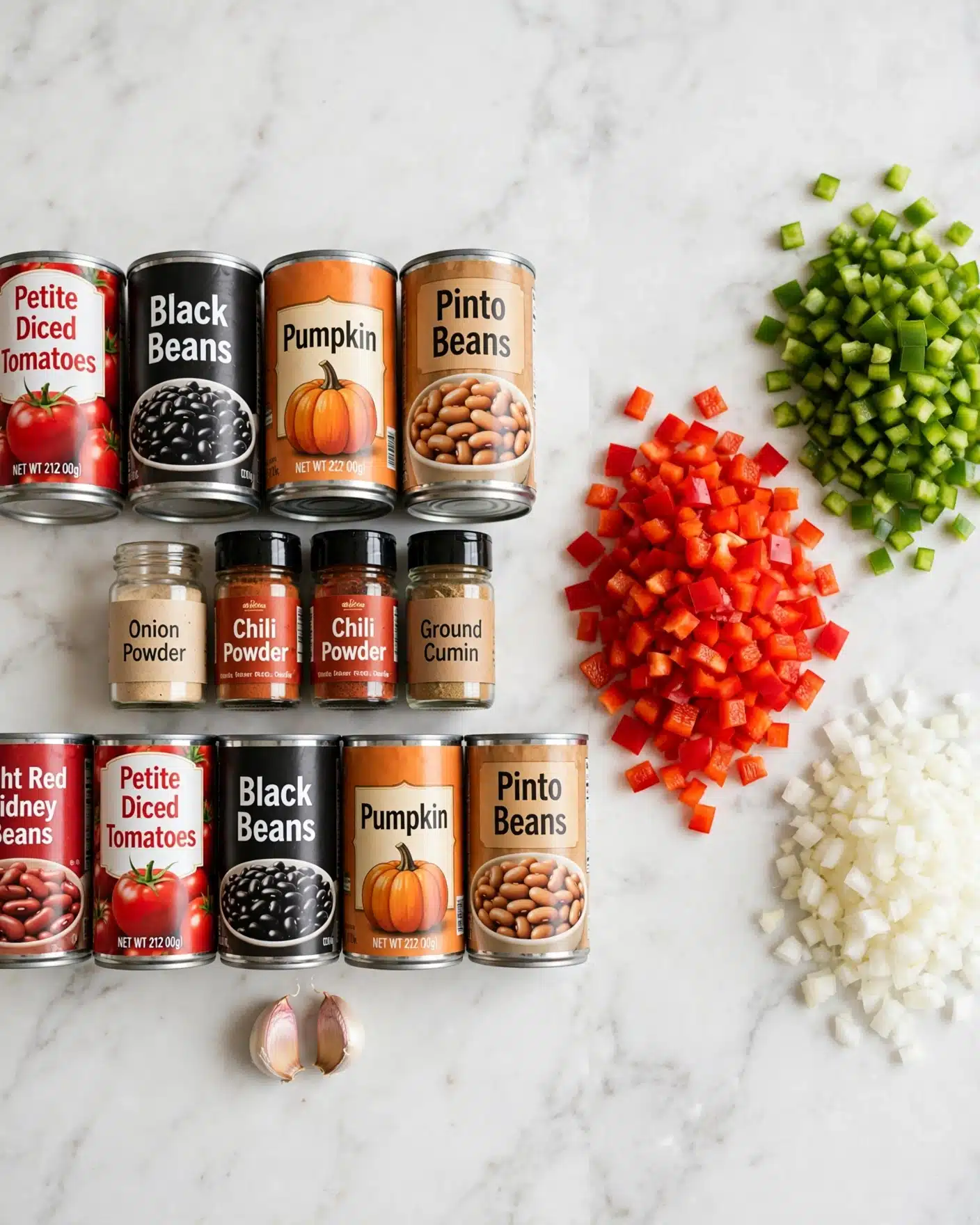 Vegetarian Pumpkin Chili Recipe 4 The image shows two parts: on the left, there are nine cans of ingredients stacked in two rows on a white marbled surface, including Petite Diced Tomatoes, Black Beans, Pumpkin, Pinto Beans, and Light Red Kidney Beans, with four spice bottles of Onion Powder, Chili Powder, and Ground Cumin placed on top in the middle, and two garlic cloves in front of the cans; on the right, there are three piles of freshly chopped vegetables on a white marbled surface, with red bell peppers on the left, green bell peppers on top, and white onions on the bottom right, all finely diced with clear, sharp details and vivid colors photo taken with an iphone --ar 4:5 --v 7