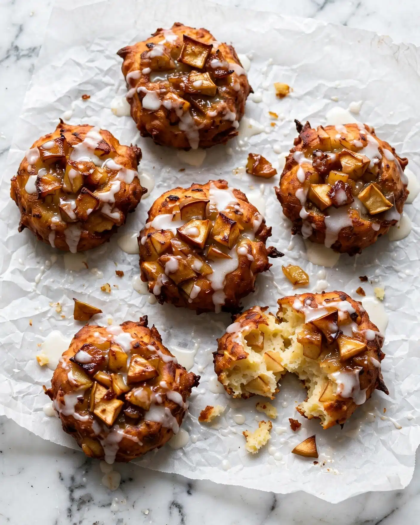 A baking tray with a wire rack holds a dozen apple fritters arranged in three rows. Each fritter is round but irregular in shape, with a warm golden-brown color showing through patches of thick, shiny white glaze. Small chunks of cooked apple are embedded in the fritters, visible through the glaze, giving them a textured look. The tray sits on a surface with a white marbled texture, and a green and white checkered cloth is partially visible at the bottom left with two red apples next to it. photo taken with an iphone --ar 4:5 --v 7