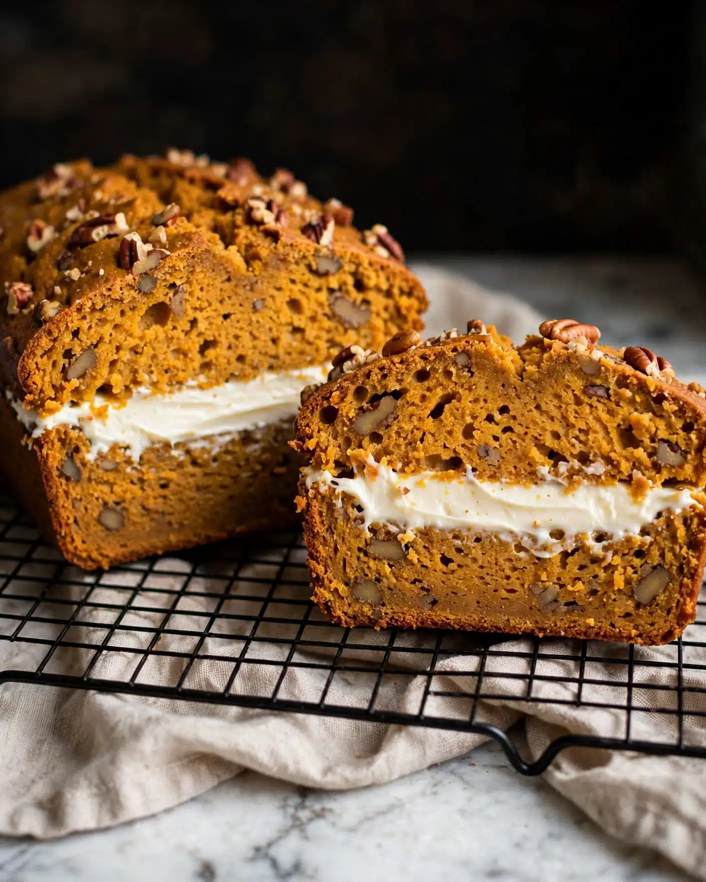 Cream Cheese Swirled Cinnamon Pumpkin Butter Bread Recipe 5 The image shows thick slices of orange pumpkin bread with a creamy white filling in the middle of each slice. The bread looks soft with a slightly rough texture on the crust and some small nuts scattered inside and on top. Two slices lie flat on a black wire cooling rack over a beige cloth with a white marbled surface beneath. The background is dark, making the bread the main focus. Photo taken with an iphone --ar 4:5 --v 7