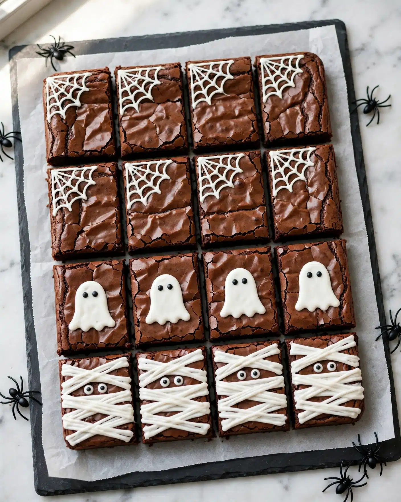 A rectangular tray of sixteen chocolate brownies is shown, arranged in four rows and four columns. The top two rows feature brownies decorated with white icing spider webs in the top left corner on each piece, with a shiny, slightly cracked chocolate texture beneath. The third row has four brownies, each decorated with a white ghost shape made of icing, with two small black dots for eyes on each ghost. The bottom row has brownies decorated with white icing in a zigzag pattern resembling mummy wrappings, with two small black dots for eyes peeking from the icing. The brownies sit on a sheet of white parchment paper placed on a dark slate serving board. There are black plastic spiders placed around the board as Halloween decorations. The background is a white marbled surface. photo taken with an iphone --ar 4:5 --v 7