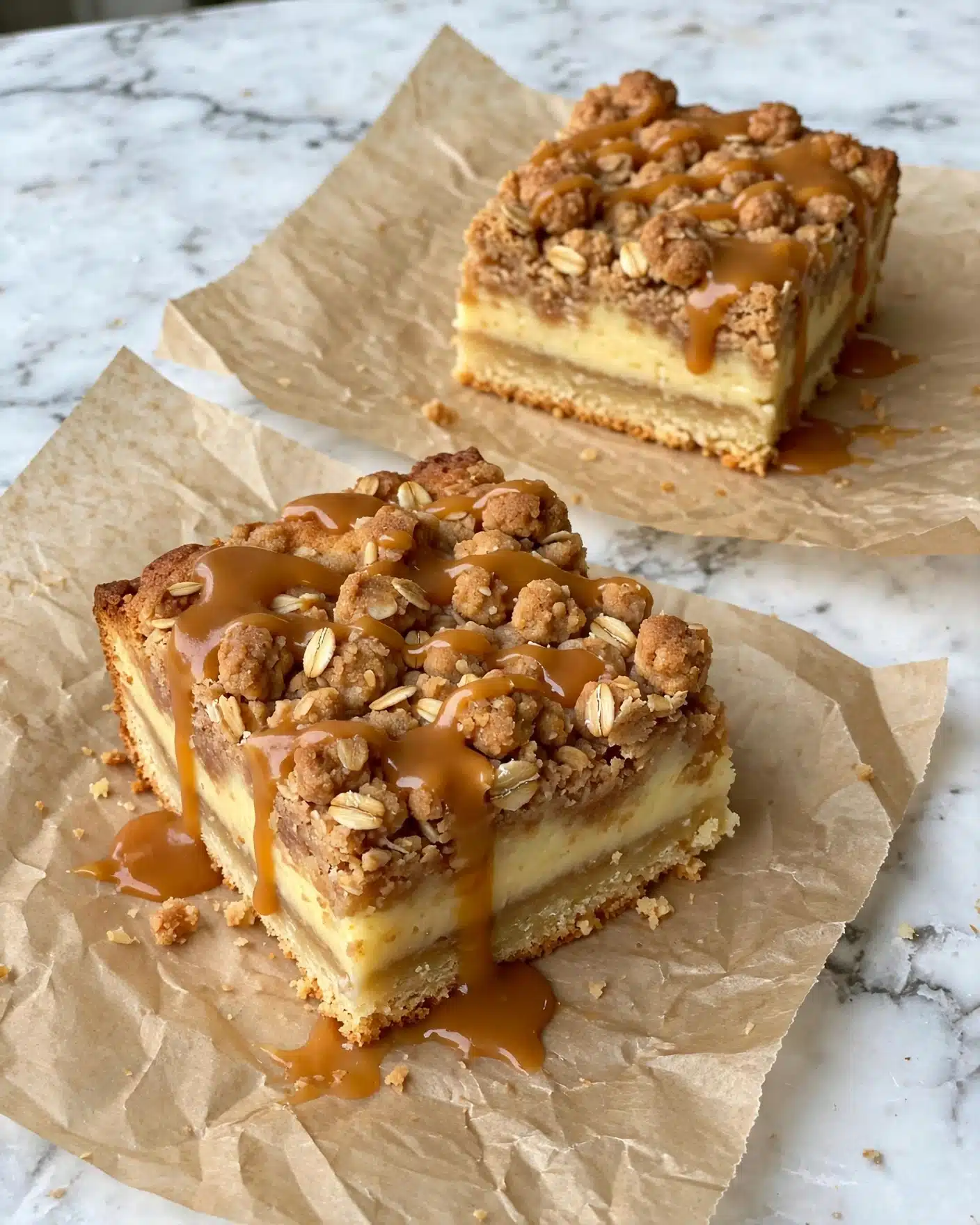 Salted Caramel Apple Pie Bars Recipe 5 Two square pieces of crumb cake are placed on wrinkled light brown parchment paper over a white marbled surface. Each cake has three visible layers: a light golden bottom crust, a pale yellow middle filling, and a crumbly brown topping with small oat-like clusters. The top layer is drizzled with thick golden caramel sauce that pools slightly on the crumb topping. One cake piece is closer to the front and is slightly rotated, showing distinct textures, while the other piece is set near the back, partially stacked behind the first. Photo taken with an iphone --ar 4:5 --v 7