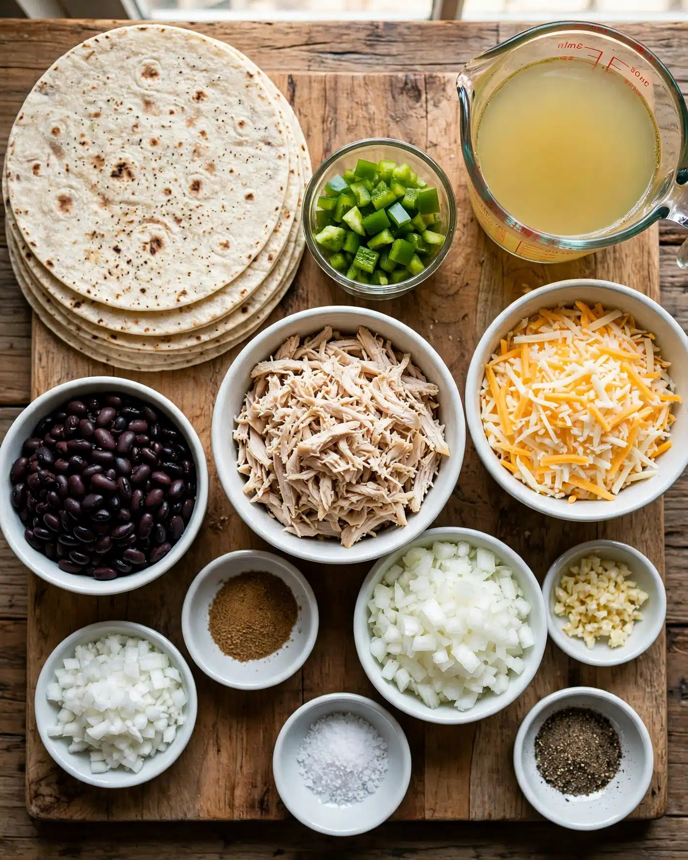 The image shows a wooden board with 11 ingredients laid out neatly. On the top left, there is a stack of six round tortillas with light brown spots. Below the tortillas is a white bowl filled with black beans and next to it, another white bowl holds chopped white onions. To the right of the onions is a small white bowl with minced garlic. Centered in the image is a larger white bowl with shredded light brown chicken. Above the chicken is a small glass cup filled with diced green peppers. To the right of the peppers is a medium white bowl filled with shredded yellow and white cheese. Above the cheese is a clear glass measuring cup filled with light yellow broth. Around these main elements are small white bowls holding brown seasoning, coarse salt, black pepper, chili powder, flour, olive oil, and red sauce. The surface is a wooden texture. Photo taken with an iphone --ar 4:5 --v 7