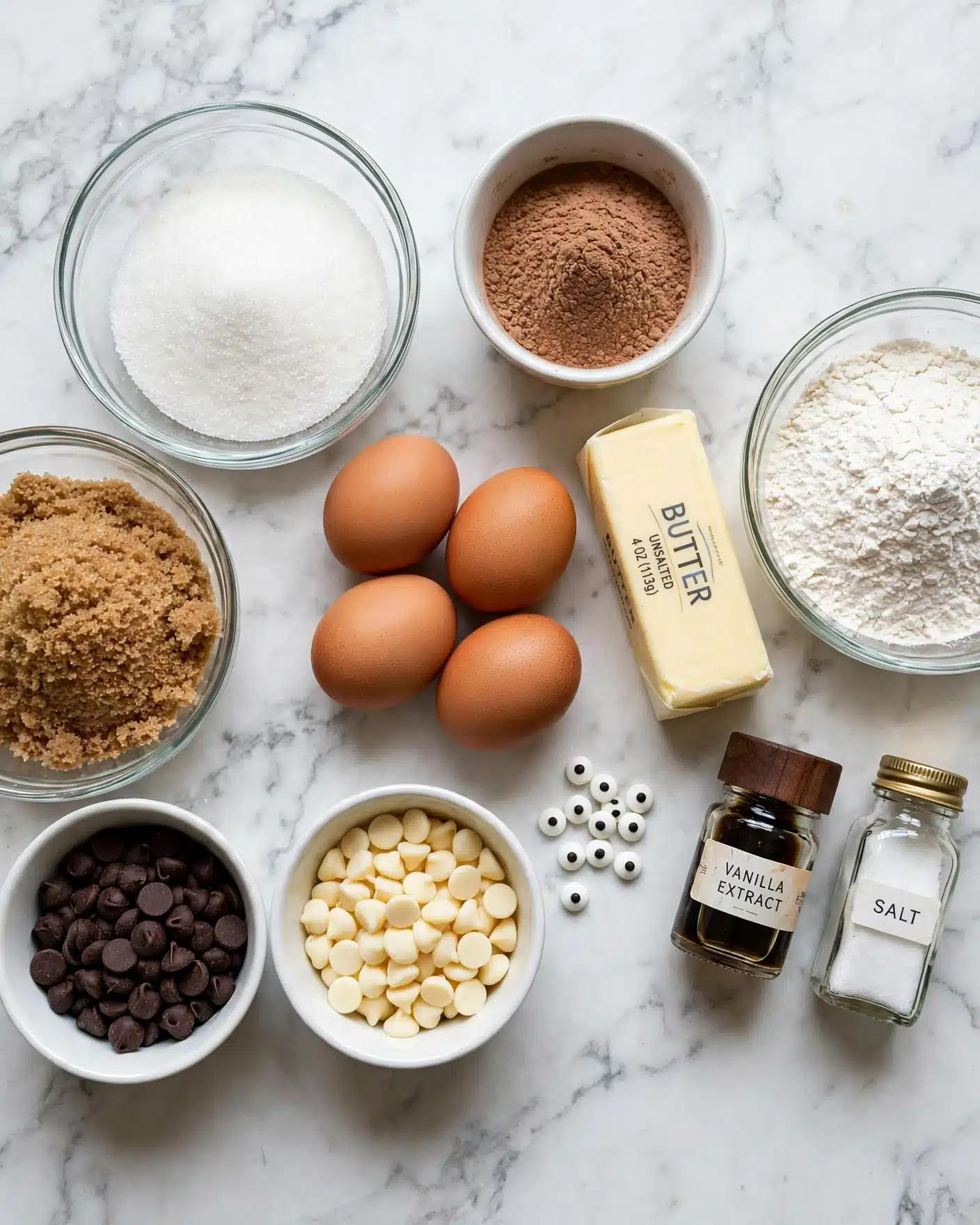 The image shows a white marbled surface with various baking ingredients arranged neatly. There are two clear glass bowls filled with white sugar and brown sugar, a white bowl of dark chocolate chips, and another white bowl of white chocolate chips. A white bowl with light brown cocoa powder is nearby. In the center, there are four brown eggs placed close to each other. A stick of butter in its wrapper lies next to a clear glass bowl filled with white flour. A small jar of vanilla extract and a small bottle labeled salt with a gold lid are also visible, along with a few small candy eyes scattered near the center. photo taken with an iphone --ar 4:5 --v 7