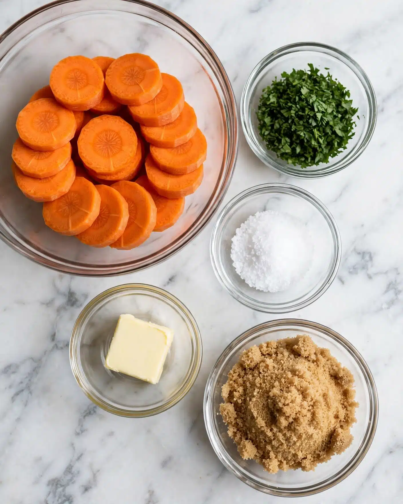 The image shows five clear glass bowls on a white marbled surface. The biggest bowl at the top left is filled with thick orange carrot slices stacked in layers. To the right of it is a smaller bowl containing chopped green herbs. Below the herb bowl is another small one filled with white salt crystals. To the bottom left of the salt is a small bowl with a square piece of pale yellow butter. The bottom right holds a medium bowl filled with light brown soft brown sugar. All ingredients are evenly spread and clearly visible. photo taken with an iphone --ar 4:5 --v 7