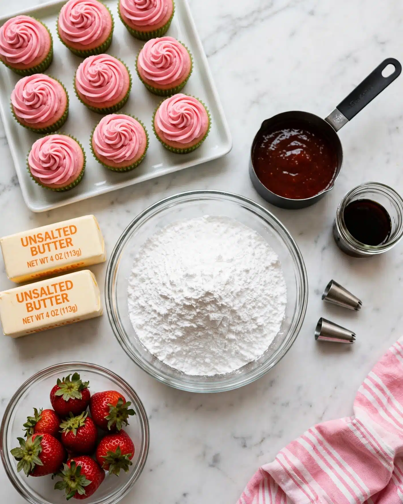 Zombie Brain Halloween Cupcakes Recipe 4 The image shows a baking setup on a white marbled surface. There is a clear glass bowl in the center filled with white powdered sugar. To the top left of this bowl, there is a white rectangular tray holding nine pink-topped cupcakes in green liners arranged in three rows. Near the tray, two unopened sticks of unsalted butter wrapped in beige paper with orange text lie side by side. To the right of the bowl, there is a black measuring cup filled with a dark red sauce, a small clear glass container with dark liquid, and two metallic piping nozzles. At the bottom left of the scene, a clear glass bowl contains several red strawberries with green leaves. A pink and white striped cloth is partially visible at the bottom right corner. Photo taken with an iphone --ar 4:5 --v 7