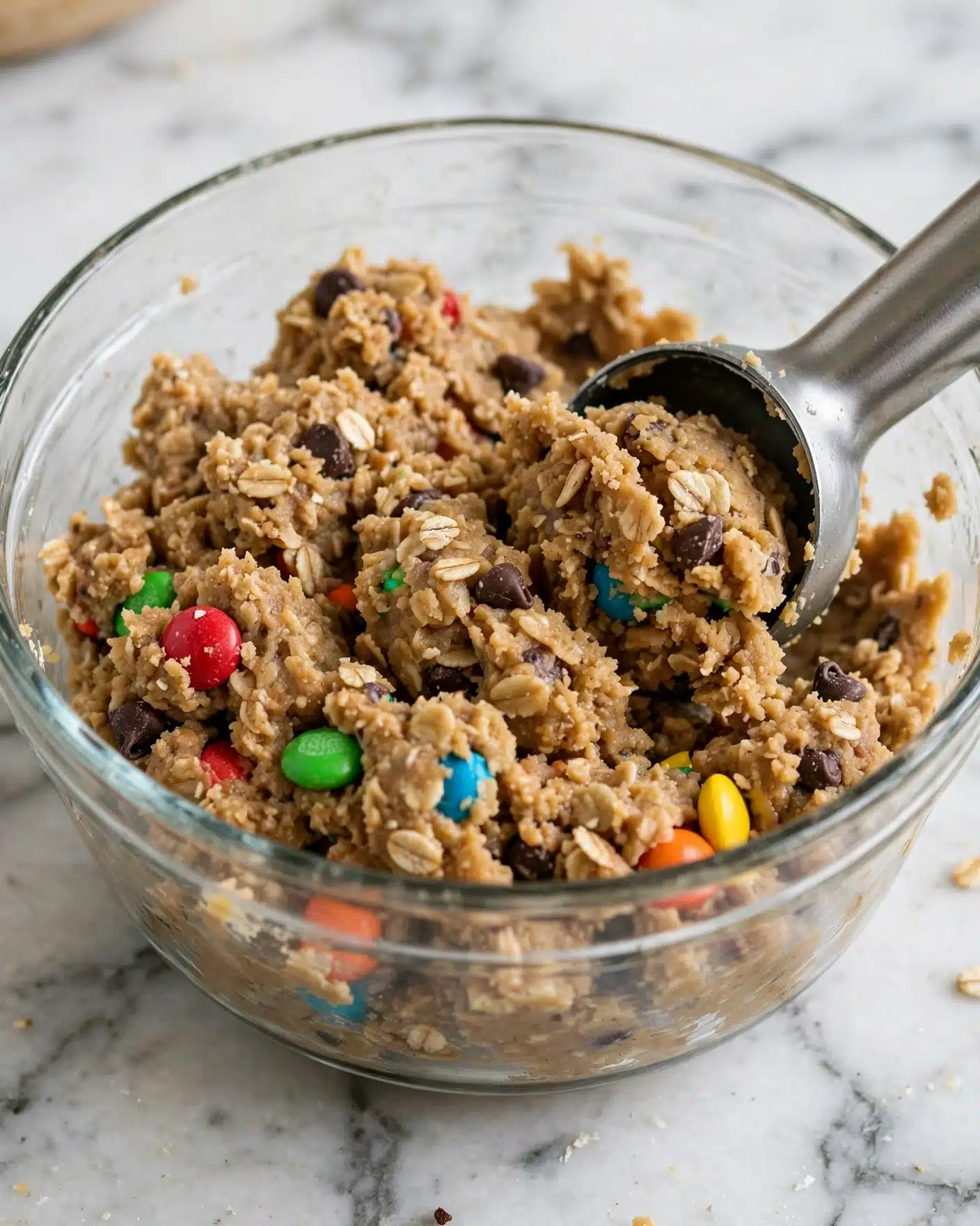 The image shows a clear glass bowl filled with thick, chunky cookie dough that has a light brown color. Mixed inside the dough are colorful candy-coated chocolate pieces in red, green, blue, yellow, and orange, along with visible oats and small dark chocolate chips. A metal ice cream scoop is inserted into the dough, lifting a portion of it. The bowl is set on a white marbled surface. photo taken with an iphone --ar 4:5 --v 7