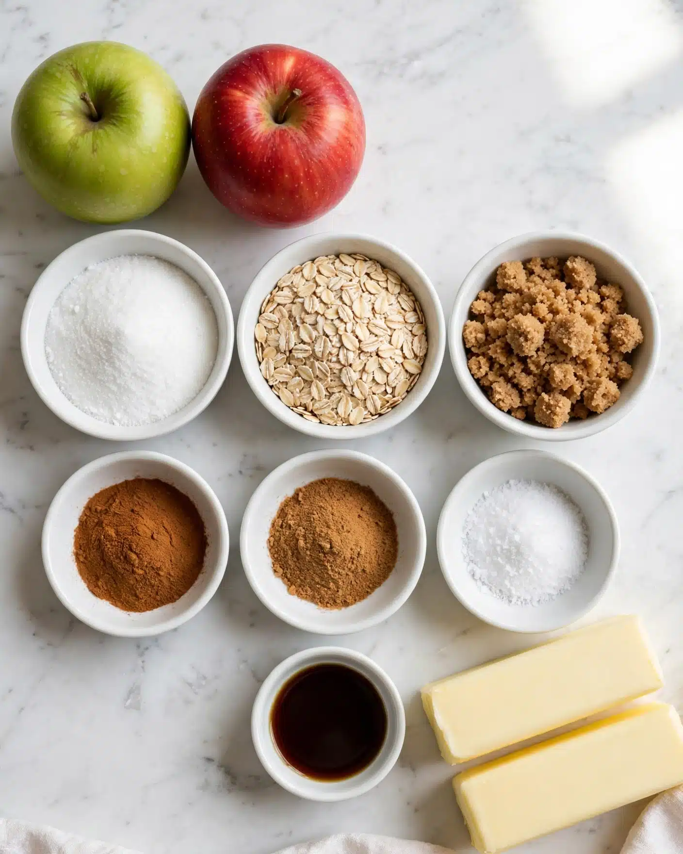 Salted Caramel Apple Pie Bars Recipe 4 The image shows fresh baking ingredients arranged neatly on a white marbled surface. There are two whole apples, one green and one red, placed near the top left. Next to them are small white bowls filled with white sugar, oats, and brown sugar, all with clear textures visible — the sugar is fine and powdery, the oats are flat and light tan, and the brown sugar is coarse and clumped. Three small bowls contain cinnamon, nutmeg, and salt, with the spices showing rich brown and orange shades. Vanilla extract is in a tiny white bowl with a smooth dark brown liquid. Two sticks of butter, pale yellow and smooth, sit toward the lower right. All items are well-lit with soft natural light, showing their textures clearly. Photo taken with an iphone --ar 4:5 --v 7