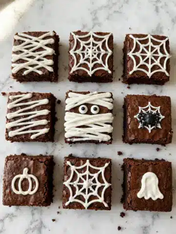 Spooky Halloween Brownies with Mummy, Spider Web, and Ghost Decorations Recipe