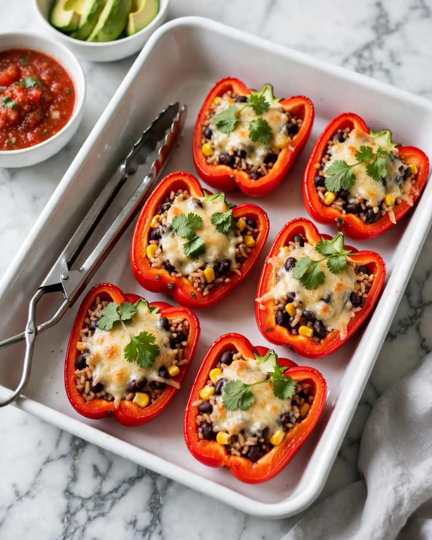 Seven red bell pepper halves arranged in a white rectangular pan, each filled with a mix of rice, black beans, corn, and topped with melted light golden cheese. Fresh green cilantro leaves sit on top of each pepper half as garnish. The pan rests on a white marbled surface, with metal tongs placed inside on the left side. In the top left corner, two small white bowls can be seen, one filled with red salsa and the other with green avocado slices. A light gray cloth is partially visible in the bottom right corner. photo taken with an iphone --ar 4:5 --v 7