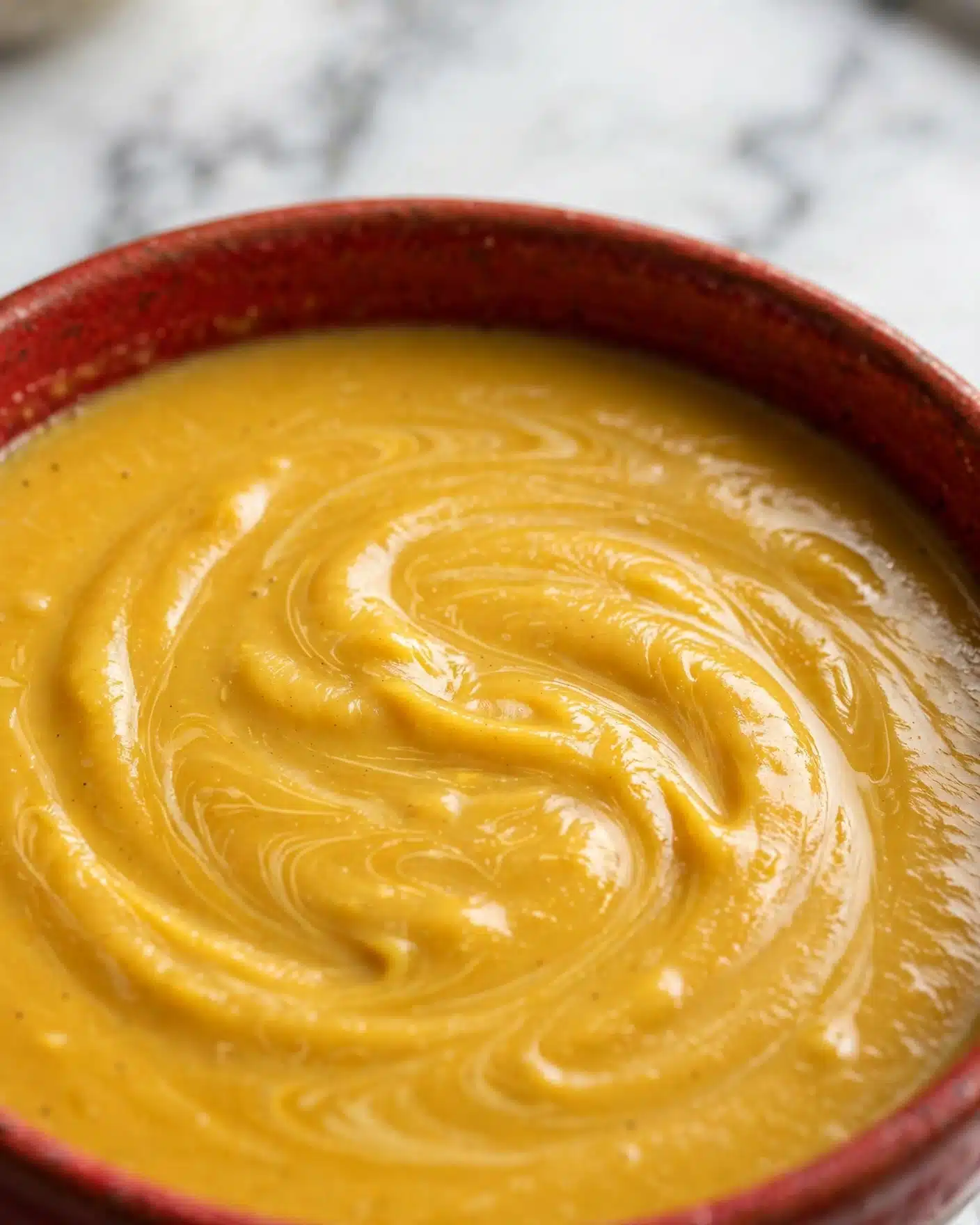 A close-up view of a smooth, thick, golden yellow sauce or soup with a slightly shiny surface and visible swirls of texture. The sauce fills the bottom of a red bowl, contrasting with the warm color of the sauce. The background shows a soft focus with a white marbled surface. photo taken with an iphone --ar 4:5 --v 7