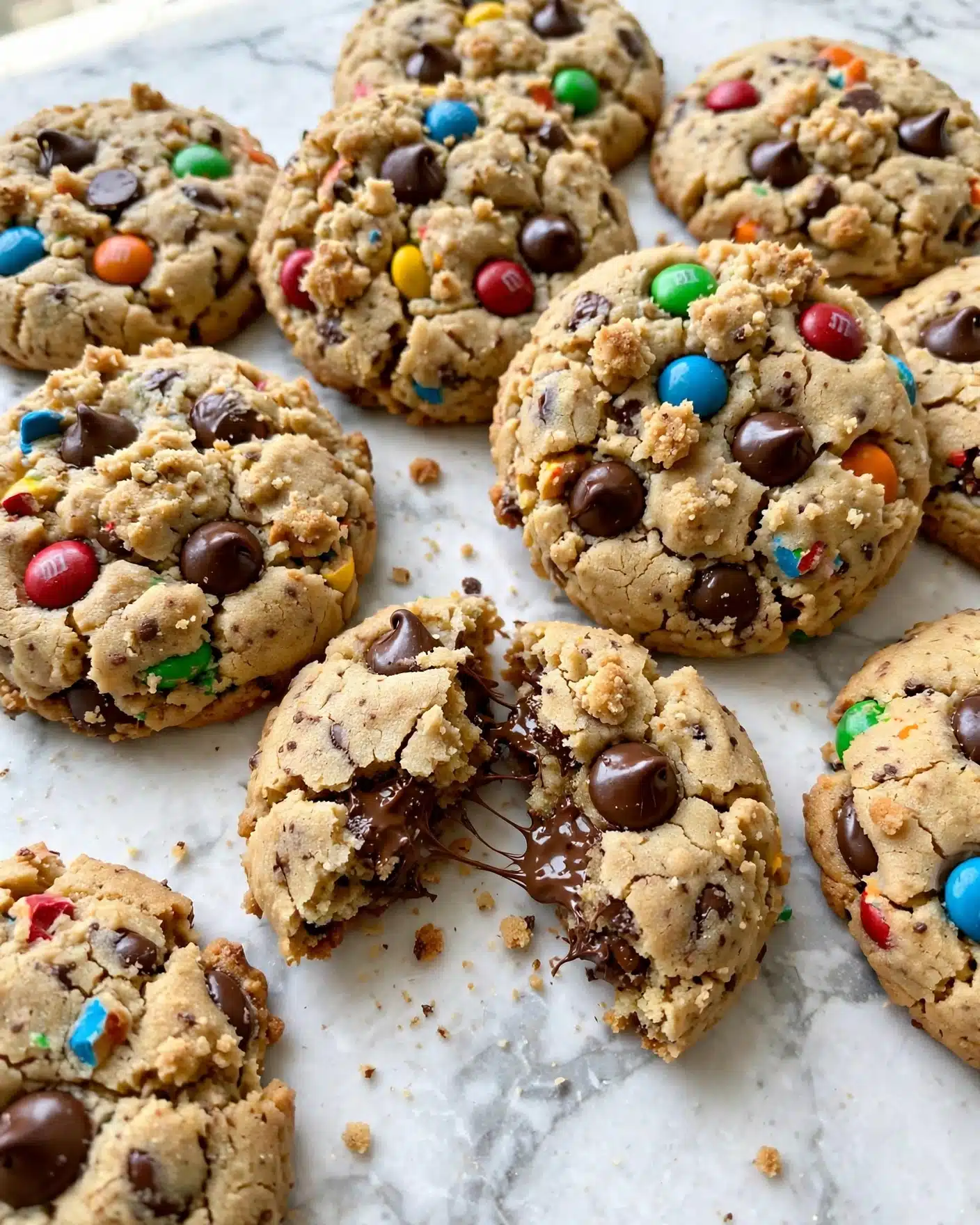 The image shows a group of round cookies laid out on a white marbled surface, some whole and one broken to reveal a soft, chewy inside with melted chocolate pieces. Each cookie is a light golden brown color with a rough, crumbly texture and is embedded with colorful candy-coated chocolate pieces in red, blue, green, yellow, and orange, scattered unevenly across the surface. Larger, shiny dark brown chocolate chips are also visible mixed in with the candies, creating a vibrant, textured look on each cookie. The arrangement is casual, with cookies placed close together, highlighting their rustic and homemade feel. photo taken with an iphone --ar 4:5 --v 7