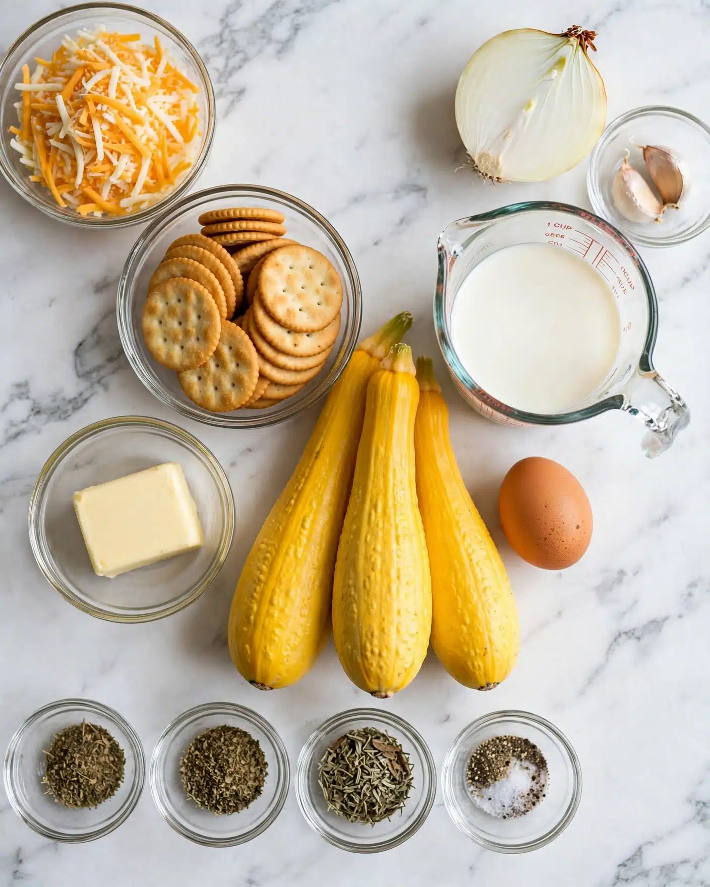 Yellow Squash Casserole Recipe 4 The image shows ingredients for a recipe laid out on a white marbled surface. Three whole yellow squashes are in the center with a brown egg next to them on the right. Above the egg, there is a clear glass measuring cup with milk inside. To the left of the squashes, there is a small clear bowl with a block of butter, and above that, a larger clear bowl filled with round crackers. At the top left, there is a clear bowl with shredded orange and white cheese. On the top right, there is a half white onion next to a small bowl holding two cloves of garlic. Along the bottom left, there are three small bowls containing various dried herbs and seasonings, and another small bowl with salt and pepper. Everything is arranged neatly and clearly to show the different ingredients photo taken with an iphone --ar 4:5 --v 7