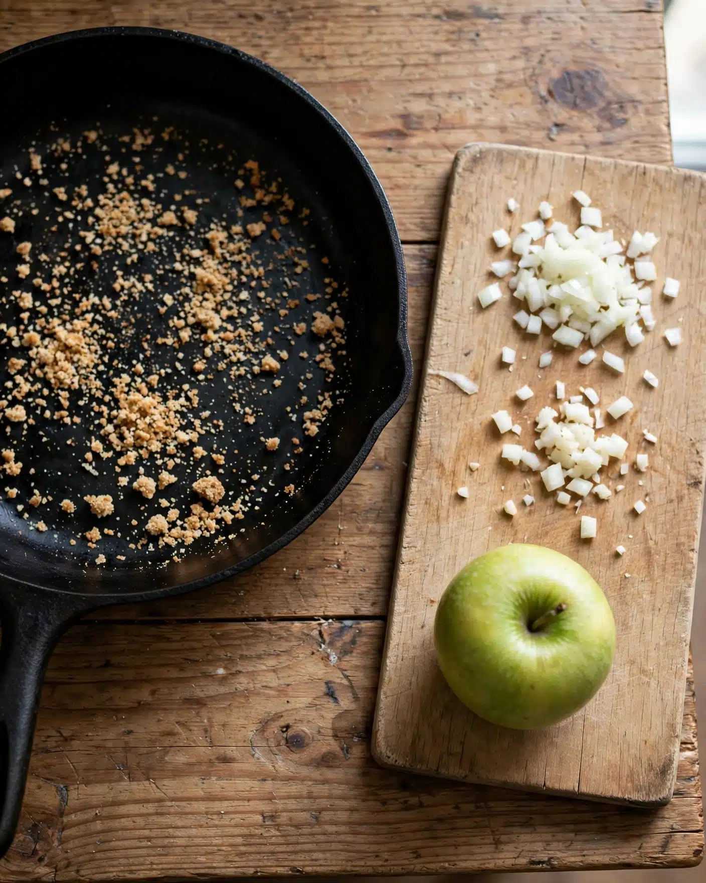 The image shows a black frying pan on a wooden surface with some light brown crumbs inside it, positioned on the left side of the frame. On the right side, there is a wooden cutting board on top of the wooden surface, featuring a whole green apple at the bottom and some small chopped white onion pieces near the top. The scene highlights the contrast between the dark pan, the light apple and onions, and the wood texture of the board and surface photo taken with an iphone --ar 4:5 --v 7