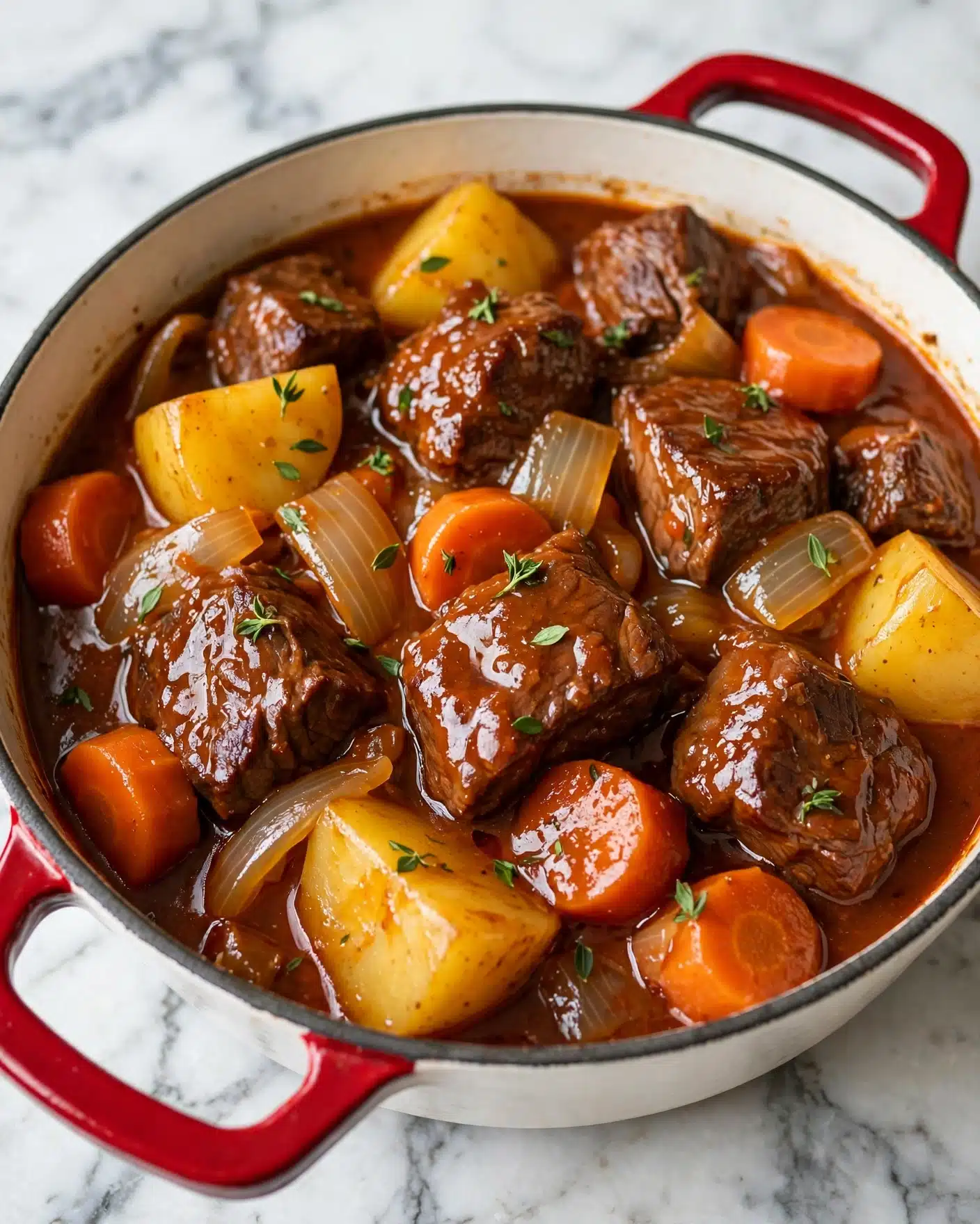 The image shows a close-up view of a rich beef stew served in a round white cast iron pot with red handles, resting on a white marbled surface. The stew has multiple layers including large chunks of browned beef, golden yellow potatoes, thick pieces of orange carrots, and translucent cooked onion segments, all coated in a glossy deep reddish-brown sauce. Tiny green herb leaves are sprinkled evenly on top, adding contrast and freshness. The stew looks thick and hearty, filling the pot to the rim, with bright highlights from the sauce giving a juicy, tender texture to the meat and vegetables. photo taken with an iphone --ar 4:5 --v 7