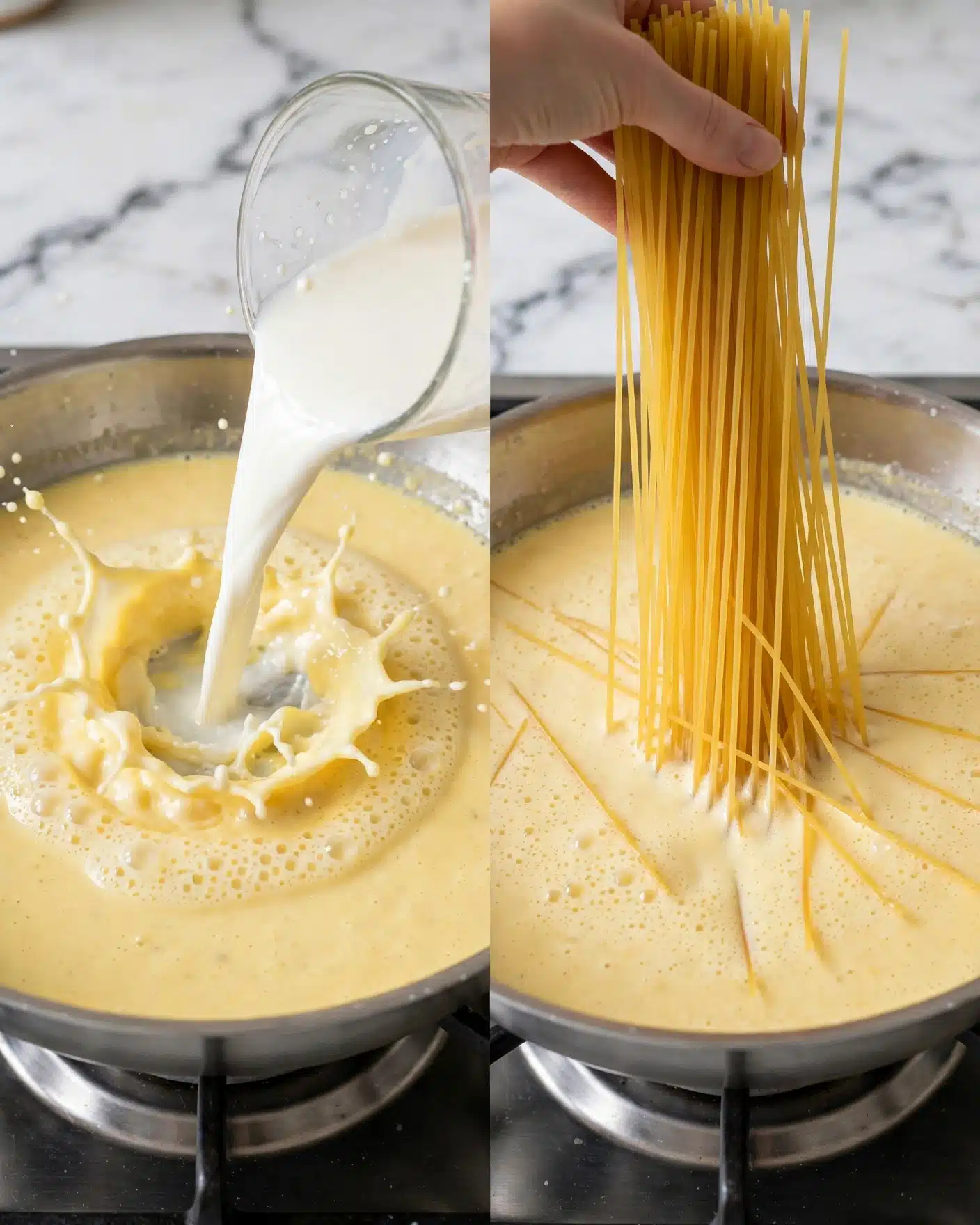 The image shows two close-up shots of a shallow silver pan on a stove with a white marbled surface background. In the left shot, creamy yellow liquid with a frothy texture fills the pan, and a clear glass cup is pouring more white liquid into it, creating a slight splash and mixing effect. In the right shot, the same creamy yellow liquid fills the pan, and a woman's hand places a large bunch of uncooked golden-yellow spaghetti vertically into the liquid, creating thin lines and texture contrasts between the smooth liquid and the firm pasta strands. photo taken with an iphone --ar 4:5 --v 7