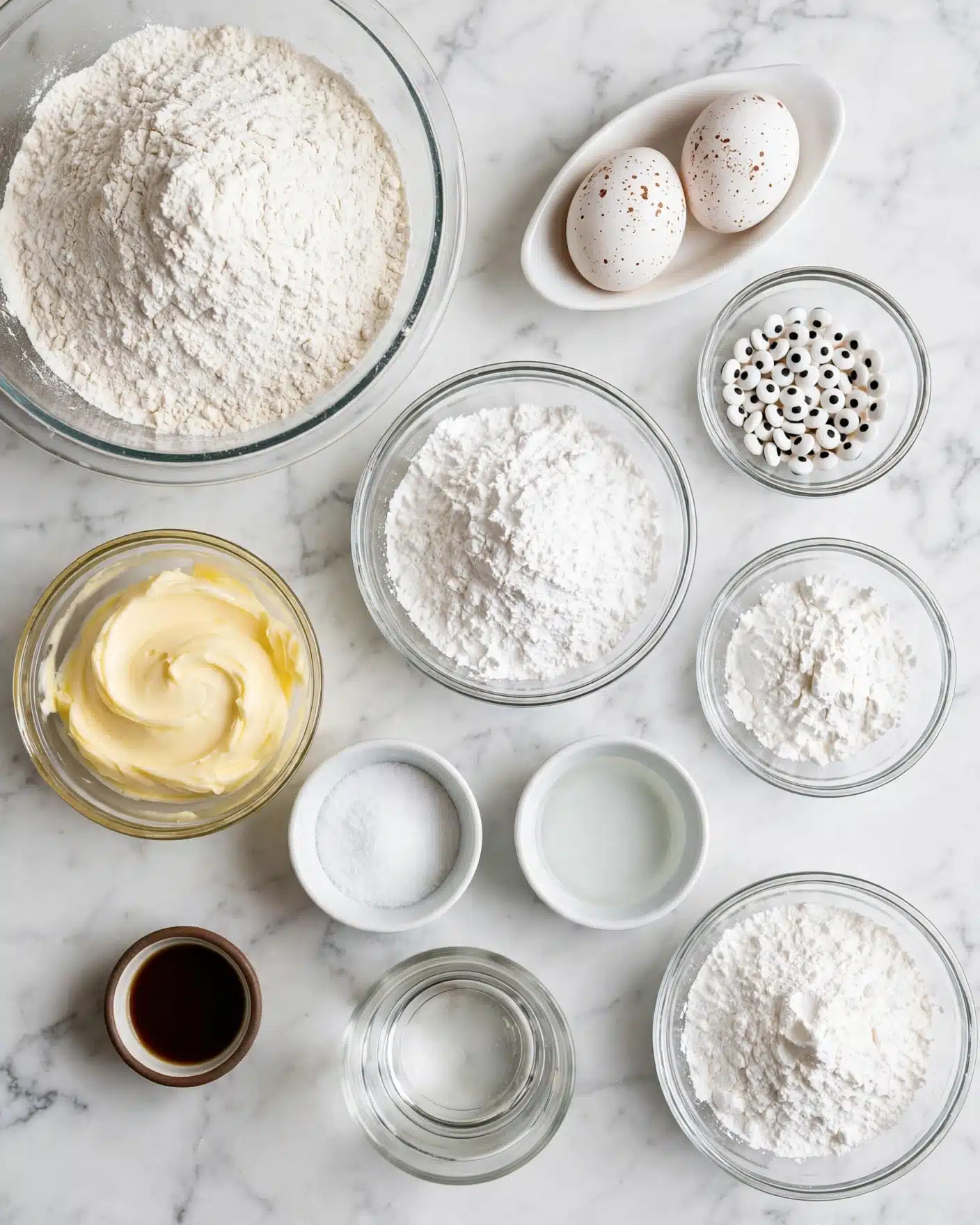 A collection of baking ingredients is arranged neatly on a white marbled surface. On the top left, a large clear glass bowl is filled with white all-purpose flour. To the right, a white oval dish holds two white eggs. Below the eggs, a small clear glass bowl contains many tiny candy eyes, white with black dots. At the center, a medium clear glass bowl is filled with powdered sugar, pure white and finely textured. To its right, another small clear glass bowl holds white cornstarch. Toward the bottom left, a clear glass bowl contains soft yellow butter, creamy and smooth. Below the butter is a small white bowl of salt, and next to it is a matching small bowl with clear extract, a light liquid. A tiny brown cup holds dark vanilla extract on the left side, near the bottom. A clear glass with warm water sits near the center bottom. Lastly, on the right bottom, a clear glass bowl contains white meringue powder. All items are spaced evenly and captured from above. Photo taken with an iphone --ar 4:5 --v 7