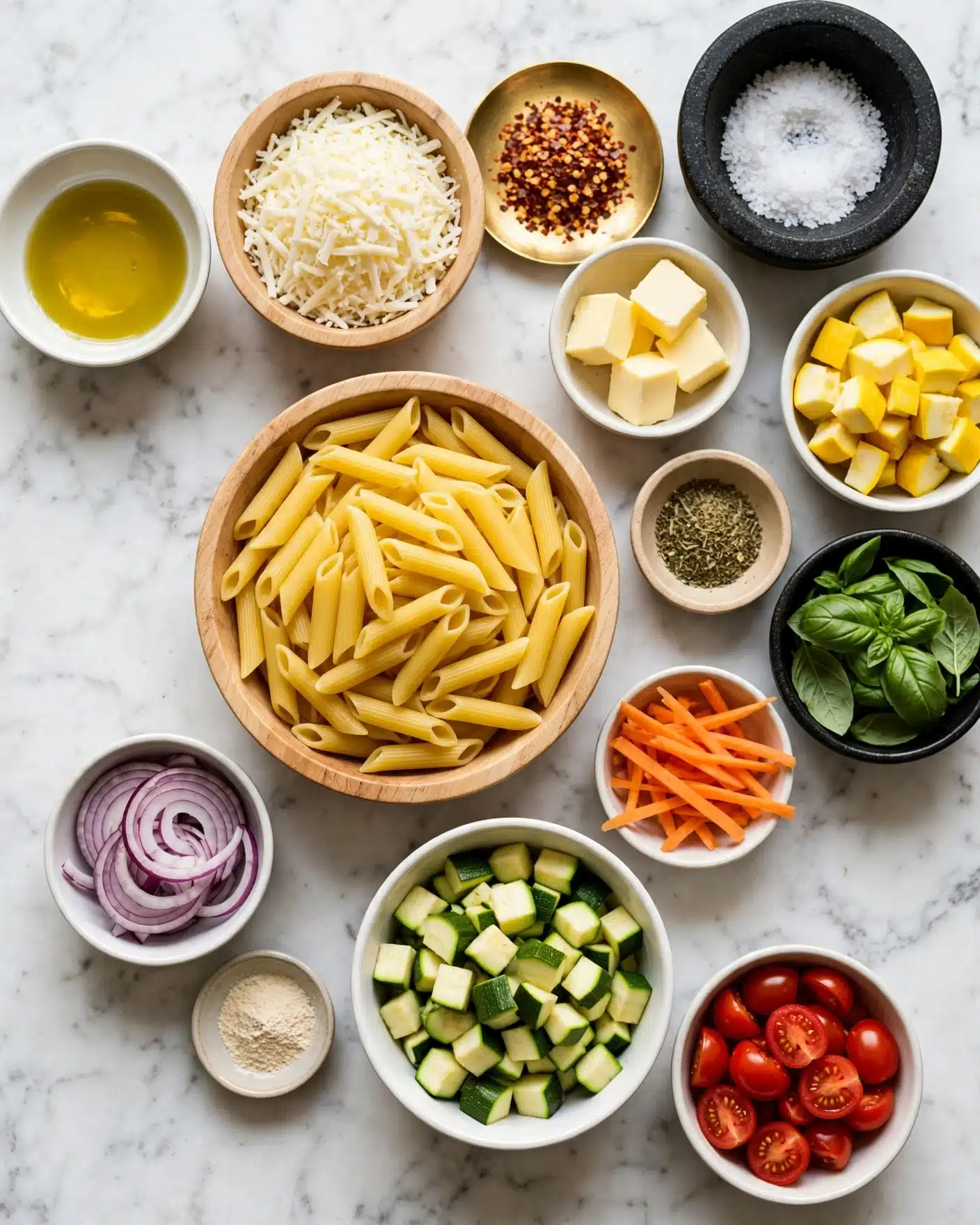 In the image, there are multiple white bowls and light wooden bowls on a white marbled surface, each holding different ingredients. A central wooden bowl is filled with yellow penne pasta. Surrounding it, starting from the top left, there is a white bowl with olive oil, a wooden bowl full of shredded white cheese, a small golden plate with red pepper flakes, a white bowl with cubes of pale yellow butter, a small beige bowl with dried green herbs, a small wooden bowl with ground black pepper, and a black stone bowl with salt. On the right side, a white bowl contains chopped yellow squash, a black bowl has fresh green basil leaves, another white bowl holds thin orange carrot sticks, a larger white bowl has chopped green zucchini, and a white bowl is filled with halved bright red cherry tomatoes. Near the bottom left corner, there is a white bowl with sliced purple onion, and a small dish with a light beige powder. photo taken with an iphone --ar 4:5 --v 7