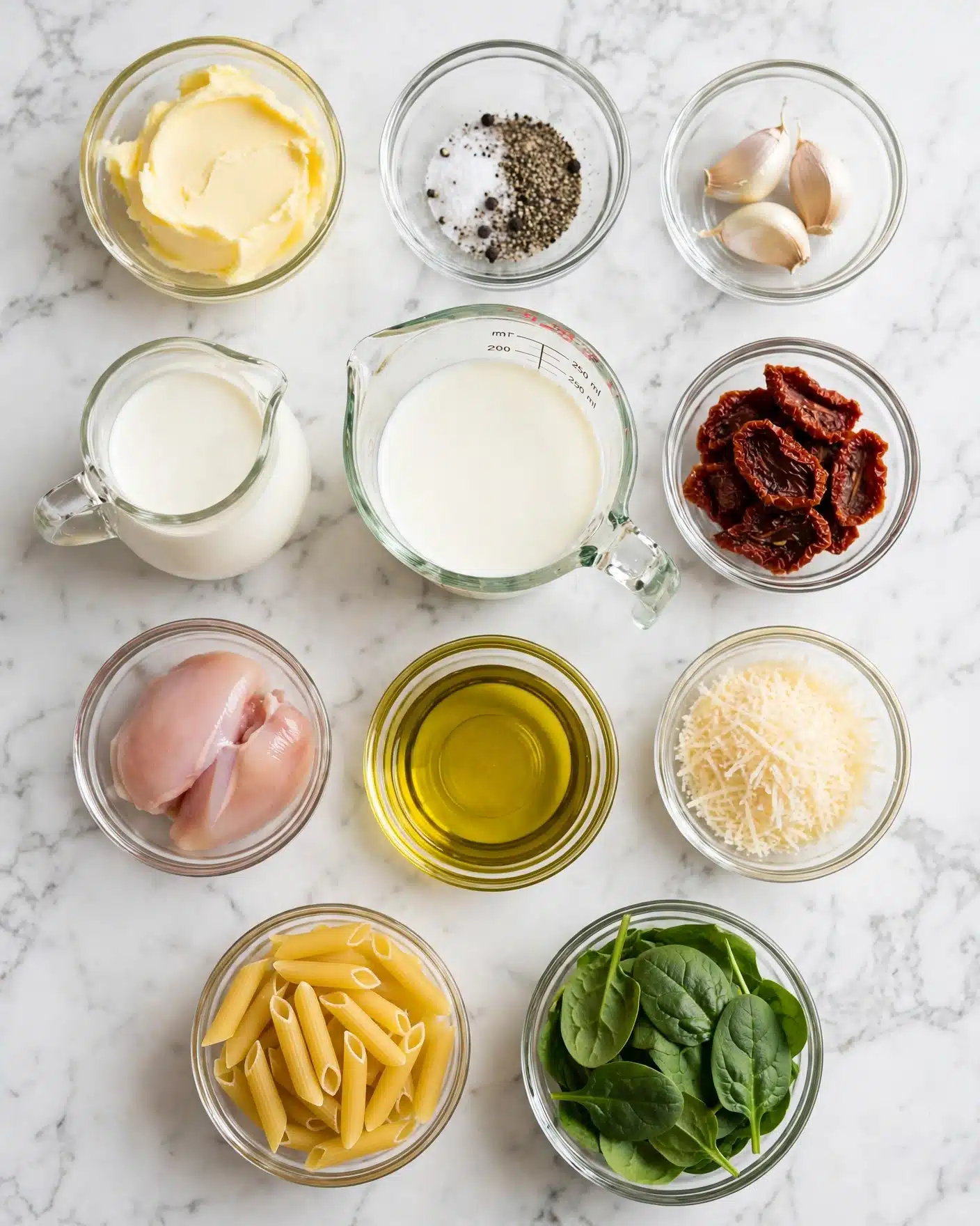The image shows eleven clear glass bowls arranged on a white marbled surface, each filled with different ingredients. Starting from the top left, there is a bowl with soft yellow butter, next to it is a bowl with white salt and dark pepper mixed together, and beside that is a bowl with three whole garlic cloves. Below the butter is a small pitcher with white heavy cream, next to it is a glass measuring cup filled with white milk. To the right of the milk is a bowl full of dark red sun dried tomatoes. Moving down, a bowl with two pale pink raw chicken pieces sits on the left side. In the center, there is a small bowl with clear golden olive oil. To the right of the oil is a bowl filled with pale yellow shredded parmesan cheese. At the bottom left, a bowl holds yellow penne pasta, and finally, at the bottom right is a bowl of fresh green spinach leaves. All containers are on the white marbled background, and the scene is bright and clear. photo taken with an iphone --ar 4:5 --v 7